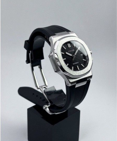 Japanese Brand Seiko Mod Nautilus Black Dial Steel Watch Rubber Strap 41mm Size ONE SIZE - 2 Thumbnail