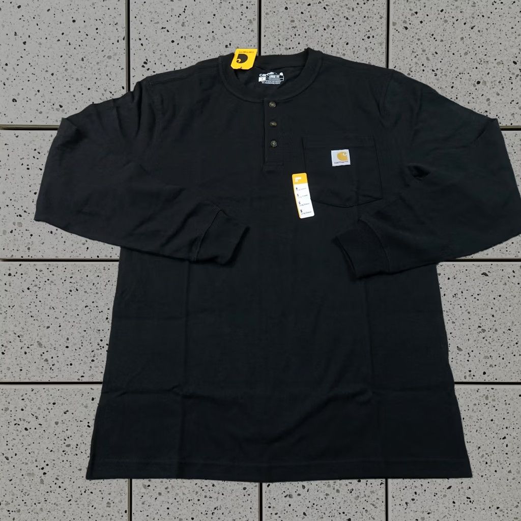 Carhartt Henley Shirt Mens S Black Long Sleeve Loose Fit Workwear Tee Casual New, Men's