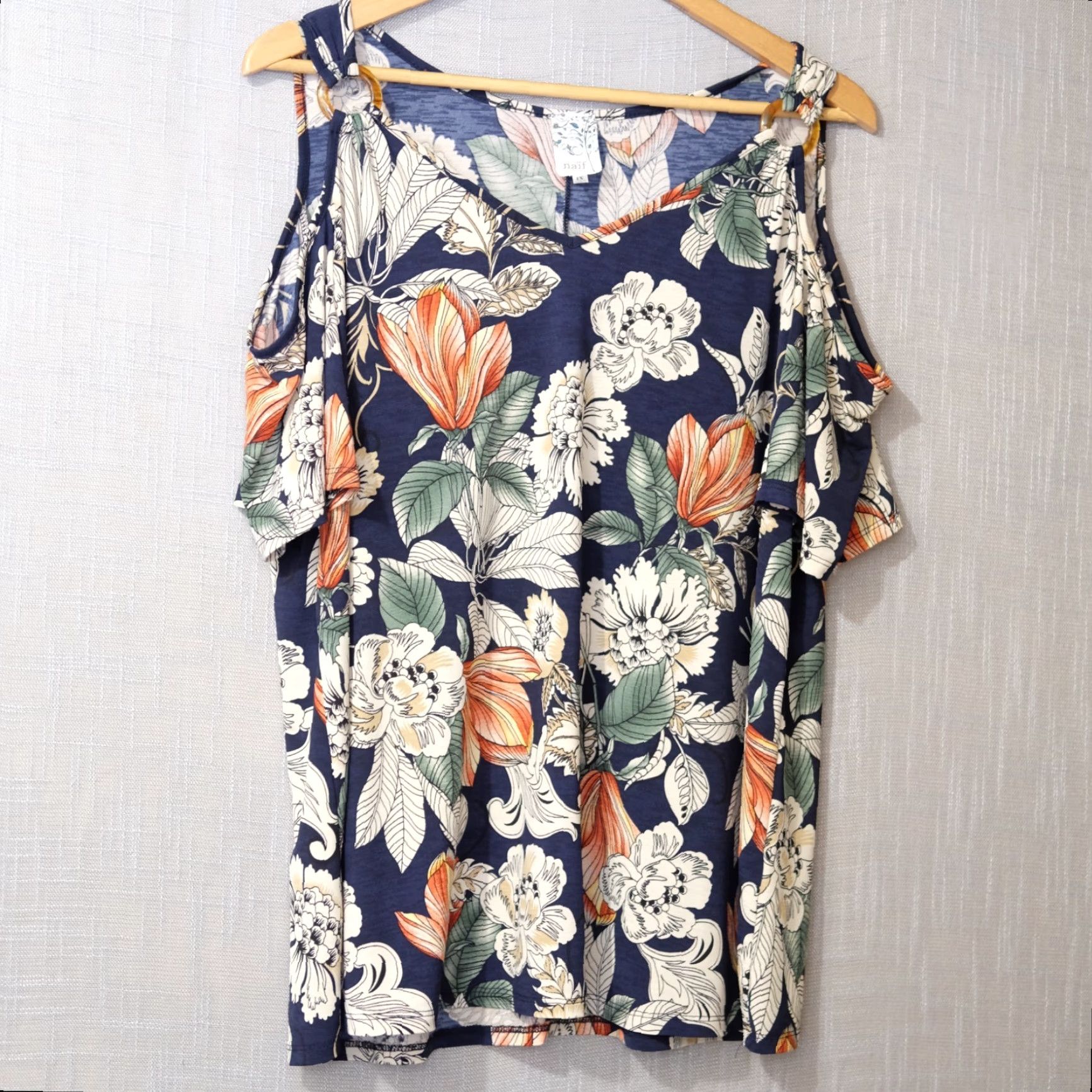 Vintage Naif Cold Shoulder Floral Blouse Navy Lightweight Women's 1X #H97-21 Size XL / US 12-14 / IT 48-50 - 2 Thumbnail