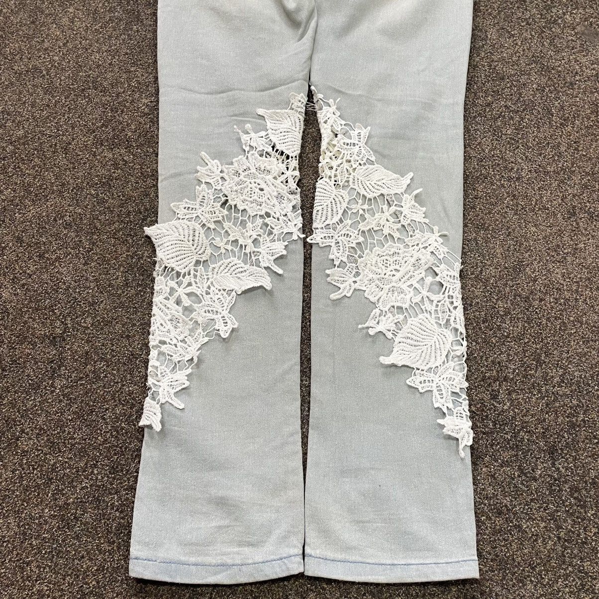 Vintage Y2K Vintage Floral Lace Distressed Wide Leg Jeans Cream Punk Size 32" / US 10 / IT 46 - 4 Thumbnail