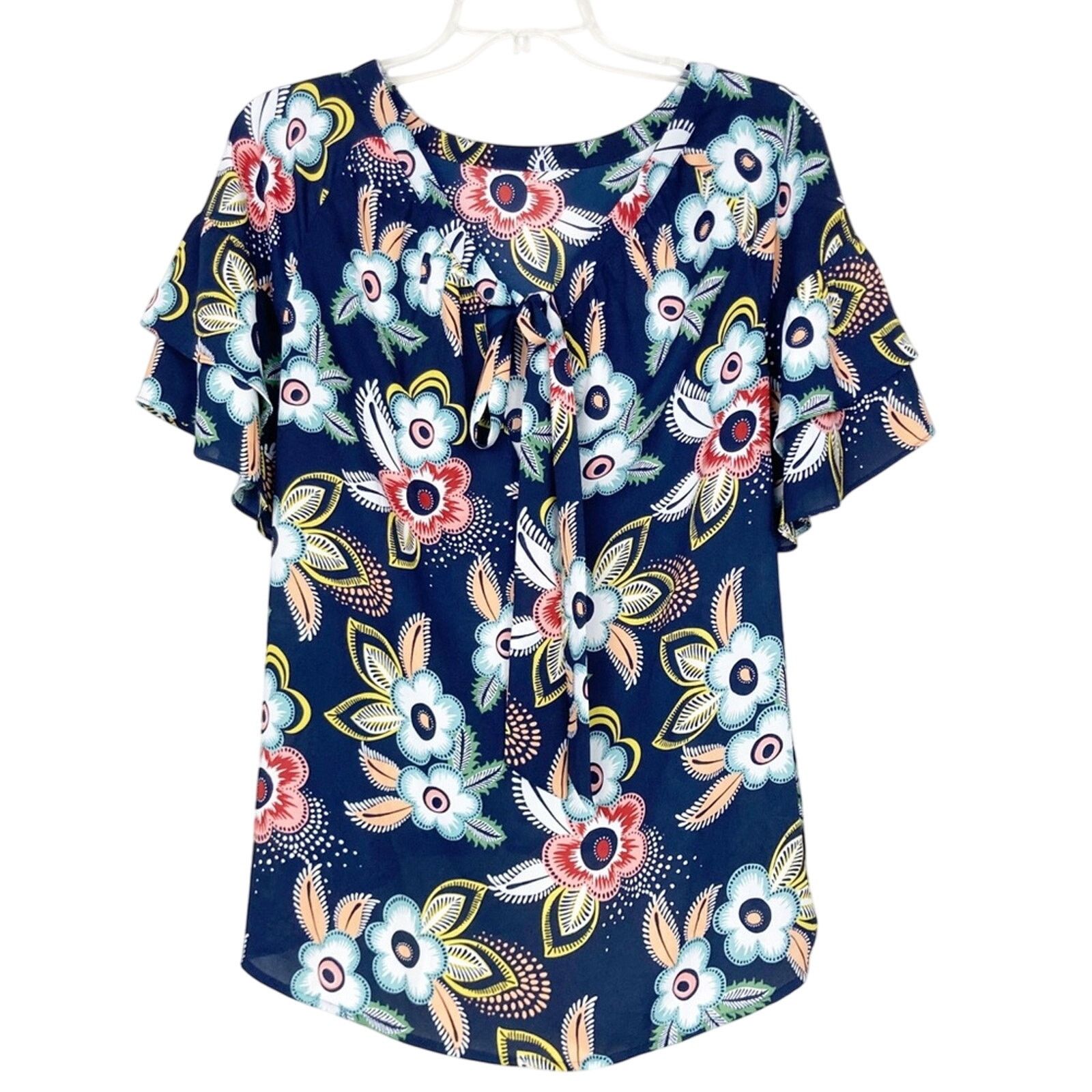 Loft Loft Navy Blue Floral Short Sleeve Blouse Sz S Size S / US 4 / IT 40 - 4 Thumbnail