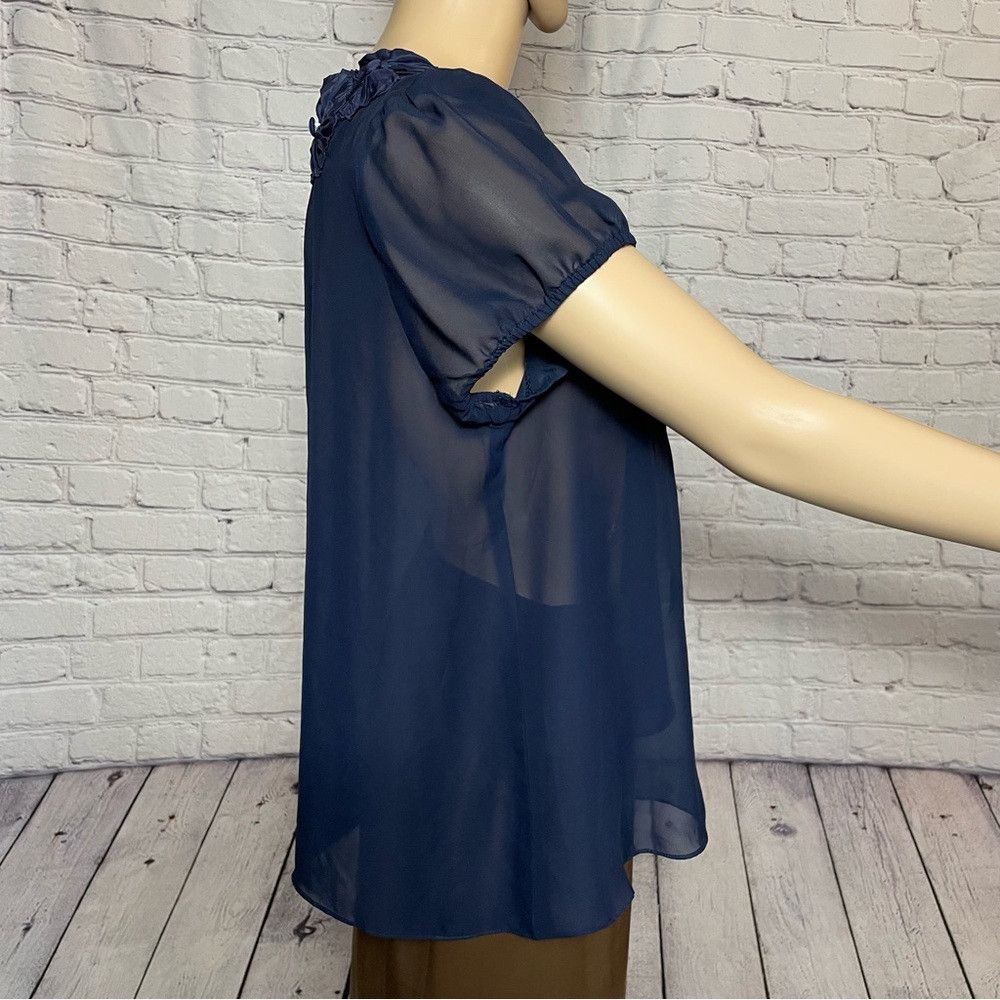 Other Aqua Navy Sheer Short Sleeve Blouse Size L Size L / US 10 / IT 46 - 4 Thumbnail