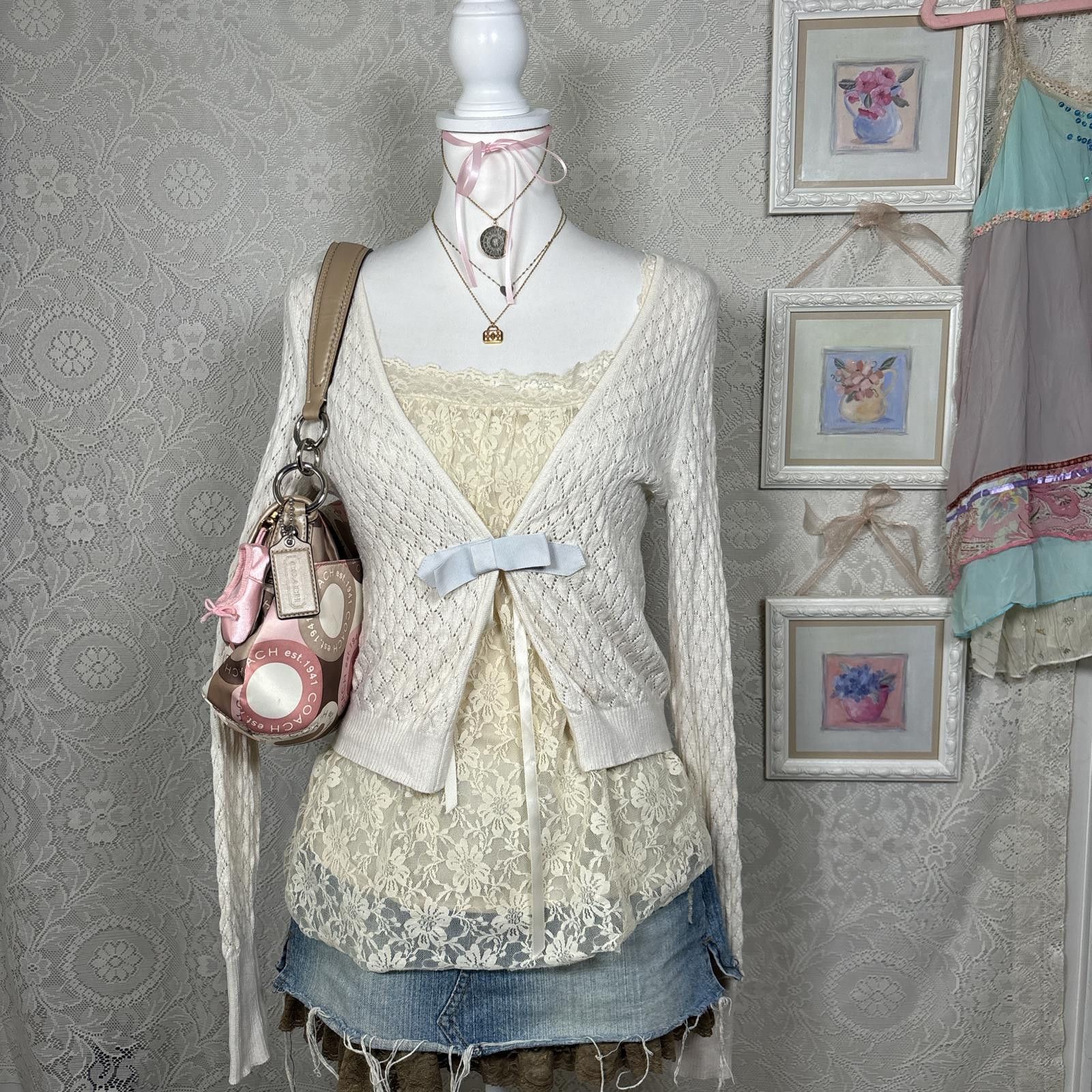 Nicole Miller cottage core cozy bow cardigan Size S / US 4 / IT 40 - 1 Thumbnail