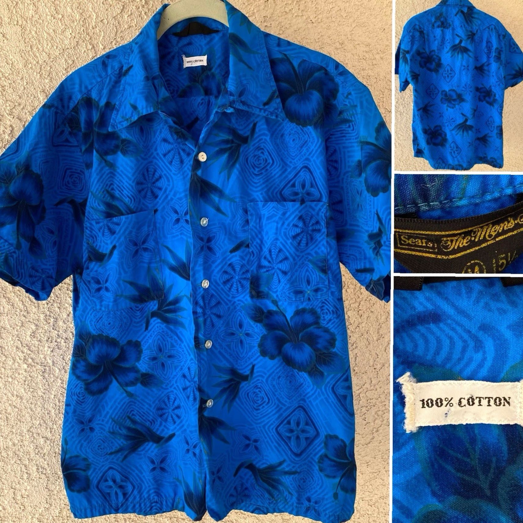 Sears VINTAGE Sears Hawaiian Shirt Blue Floral Tiki Aloha Cotton Short Sleeve Mens M Size US M / EU 48-50 / 2 - 2 Thumbnail