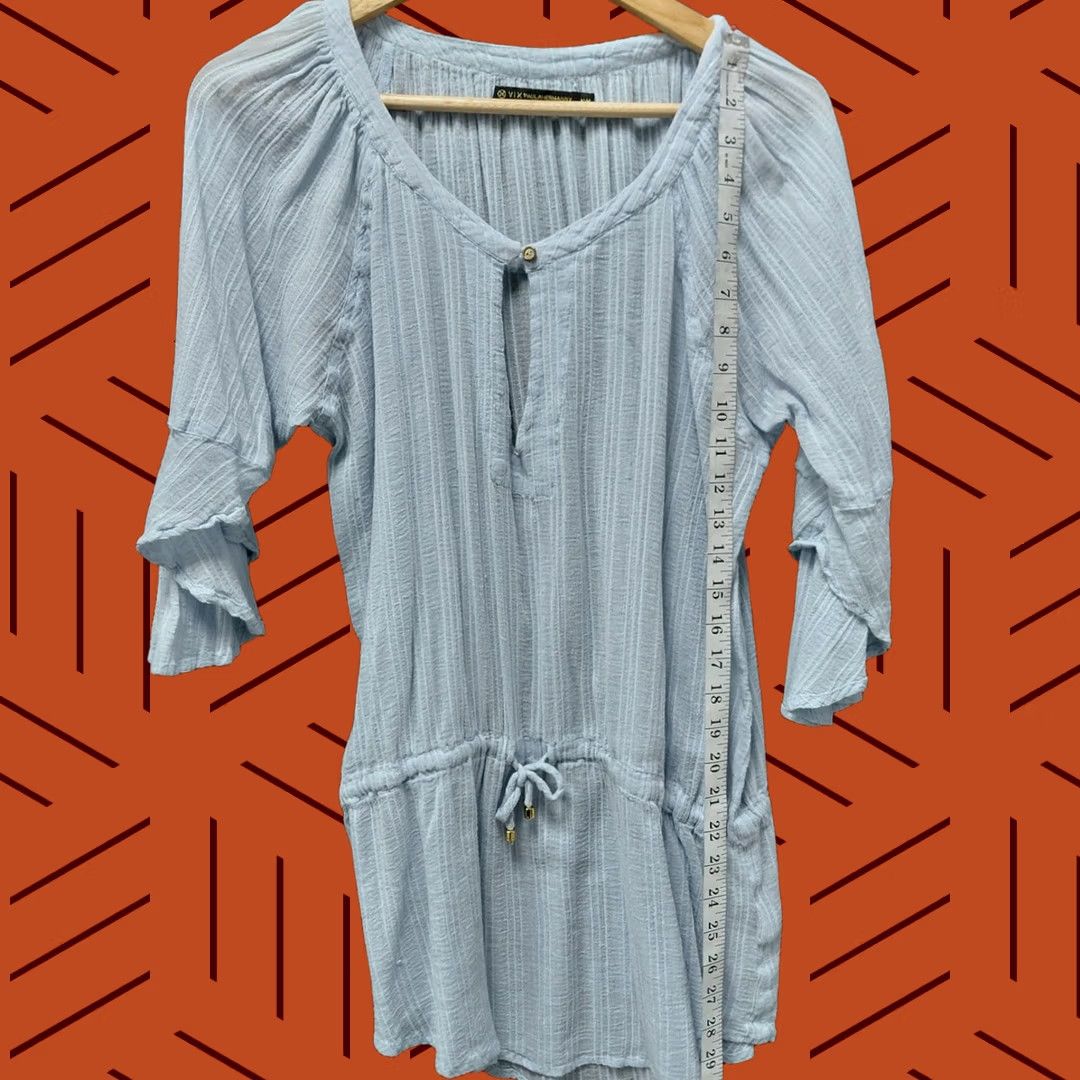 Vintage VIX PAULA HERMANNY Blue Tunic Top 3/4 Sleeve Knit Blouse Womens M Solid Drawstring Scoop Neck Bell Sleeve Casual Travel Seasonal Size M / US 6-8 / IT 42-44 - 1 Thumbnail