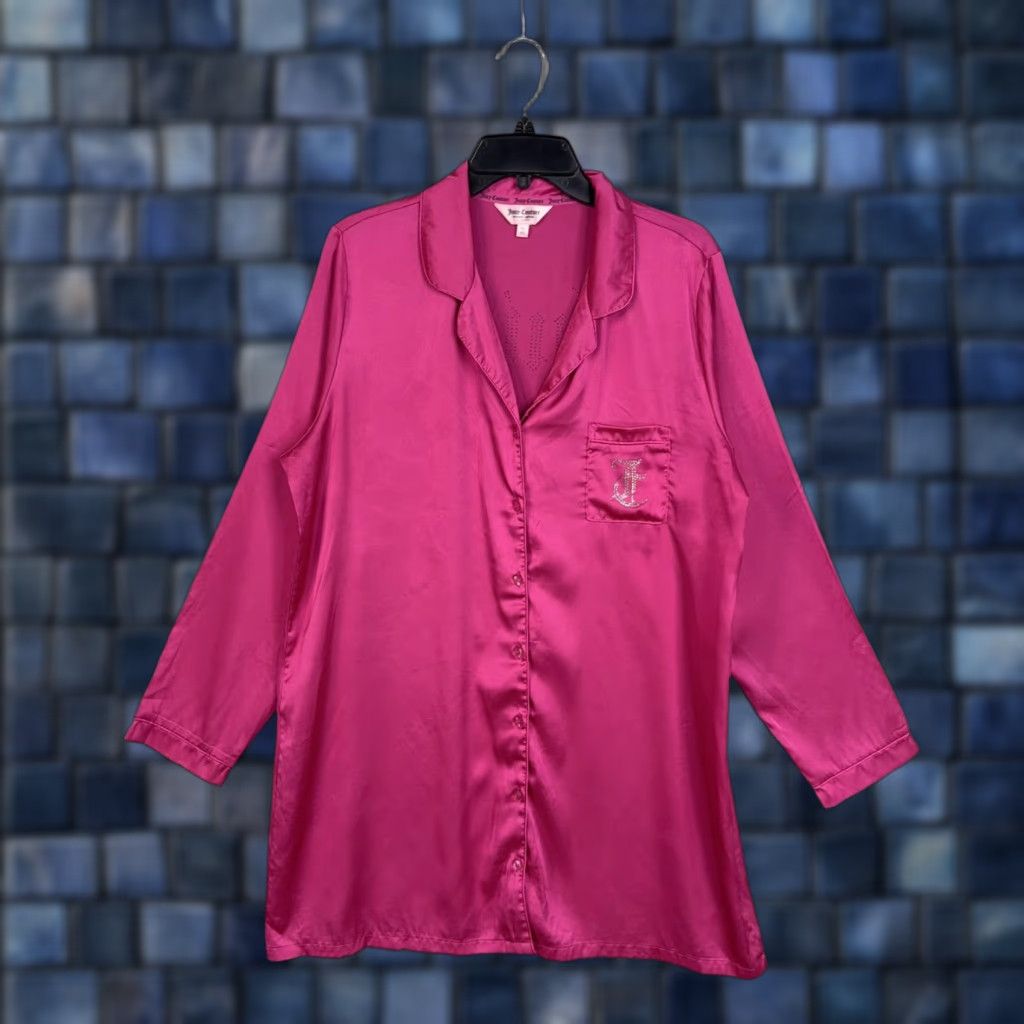 Juicy Couture Juicy Couture Sleepshirt Womens XL Pink Satin Button Front Rhinestone Logo Size XL / US 12-14 / IT 48-50 - 1 Thumbnail