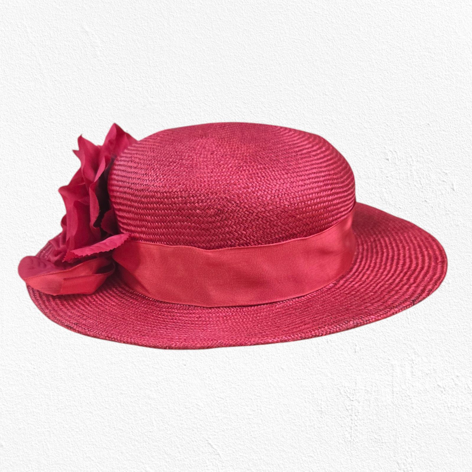 Vintage Vintage Red Derby Hat Wide Brim Rose Straw OS Size ONE SIZE - 2 Thumbnail