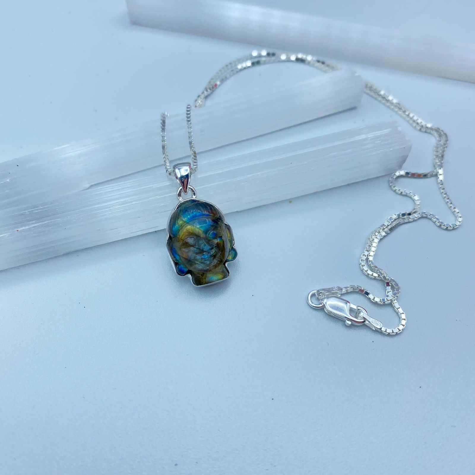 The Unbranded Brand Buddha Carved Labradorite Solid Sterling Silver Necklace Size ONE SIZE - 2 Thumbnail