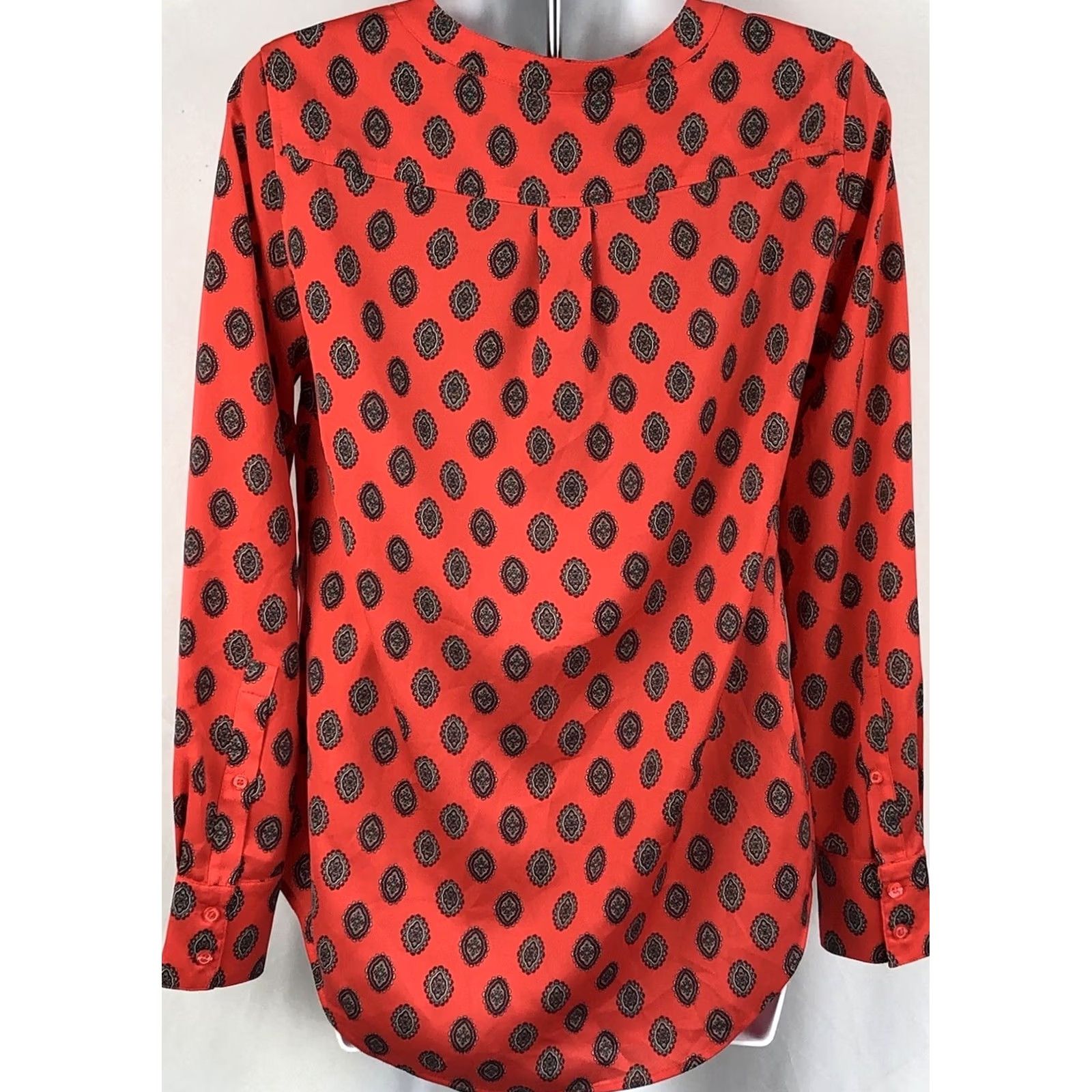 J.Crew J.CREW Silky Top Blouse XS Red Geometric Print 1/2 Button Long Sleeve Office Career Size XXS / US 00 / IT 34 - 3 Thumbnail