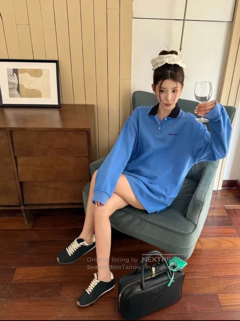 Miu Miu Miu Miu Size s Blue polo black stand collar color matching Size S / US 4 / IT 40 - 1 Thumbnail
