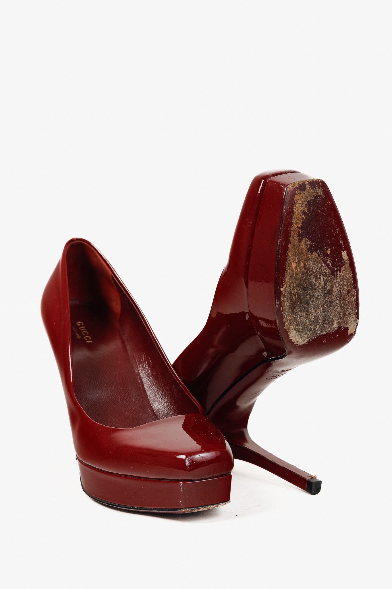 Gucci Gucci Burgundy Vernice Crystal Square-Toe Platform Pumps Size US 8 / IT 38 - 4 Thumbnail