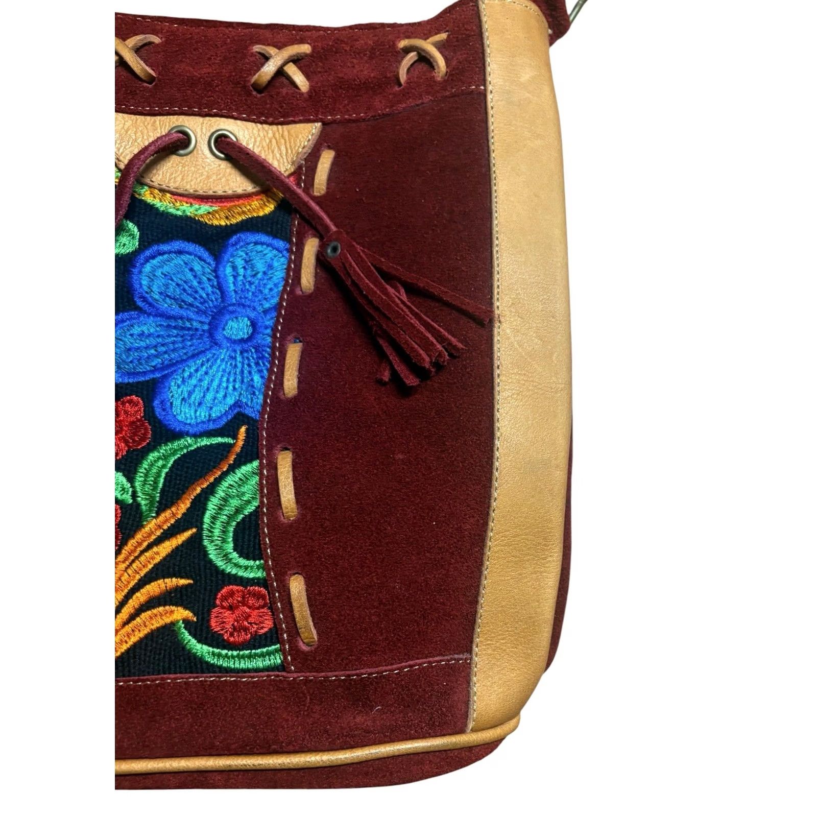 4SDESIGNS Terra Natural Designs Suede Leather Crossbody Purse Handbag Floral Bohemian Crossbody Bag Womens Small Natural Multicolor Strap 20in 10in 9in Wide Size ONE SIZE - 3 Thumbnail