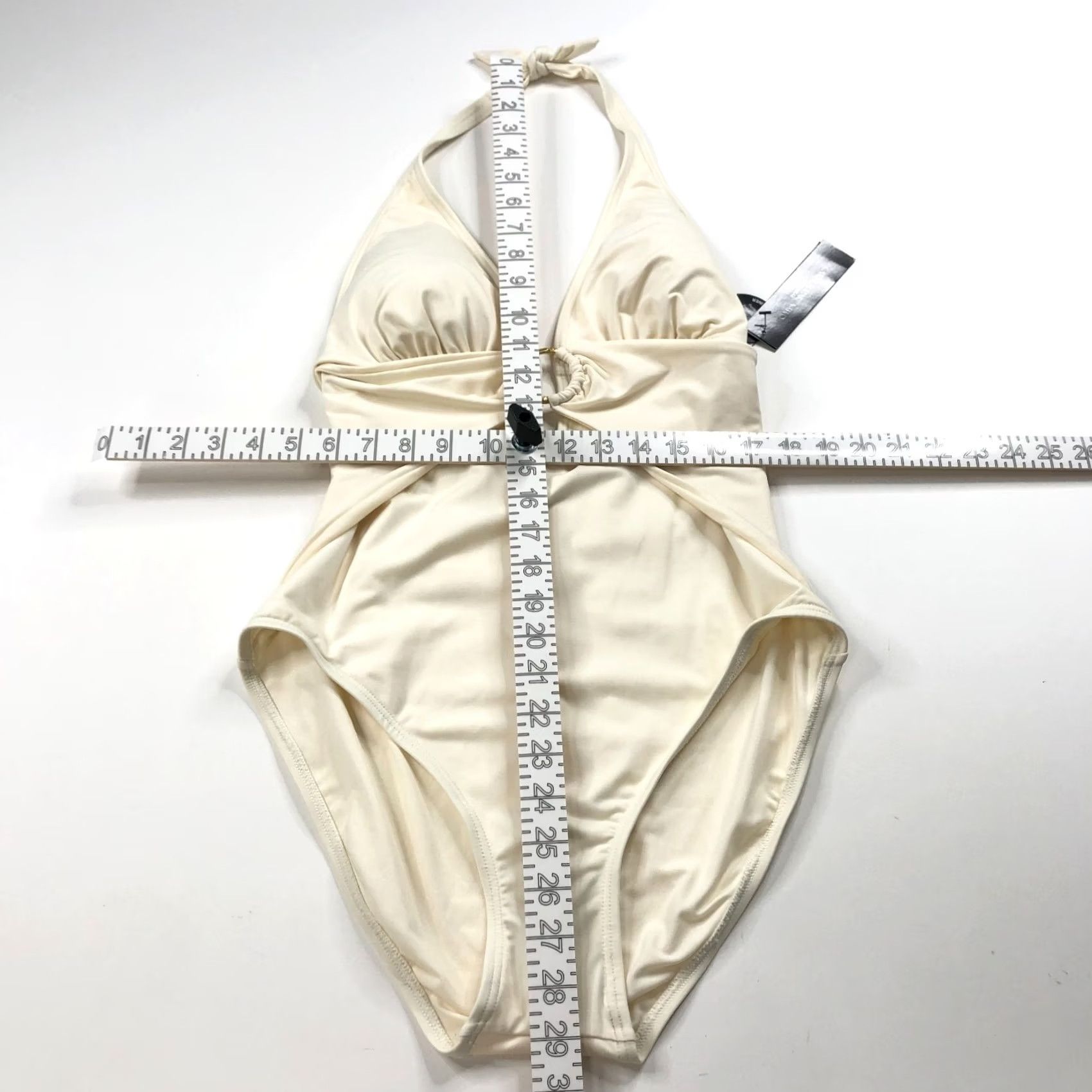Vintage Carmen Marc Valvo One Piece Swimsuit Ivory Nylon Spandex 14 Adult Women Retro Wide Straps Removable Pads Shirred Smoothing Liner Solid Pattern Denim? Size ONE SIZE - 3 Thumbnail