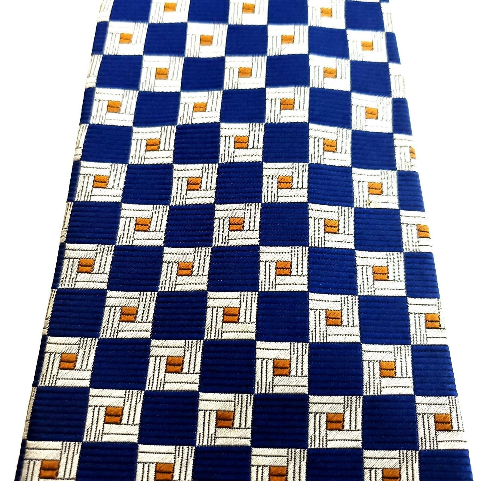 XMI Platinum XMI Blue Cream Brown Geometric Woven Wide Silk Tie Size ONE SIZE - 2 Thumbnail
