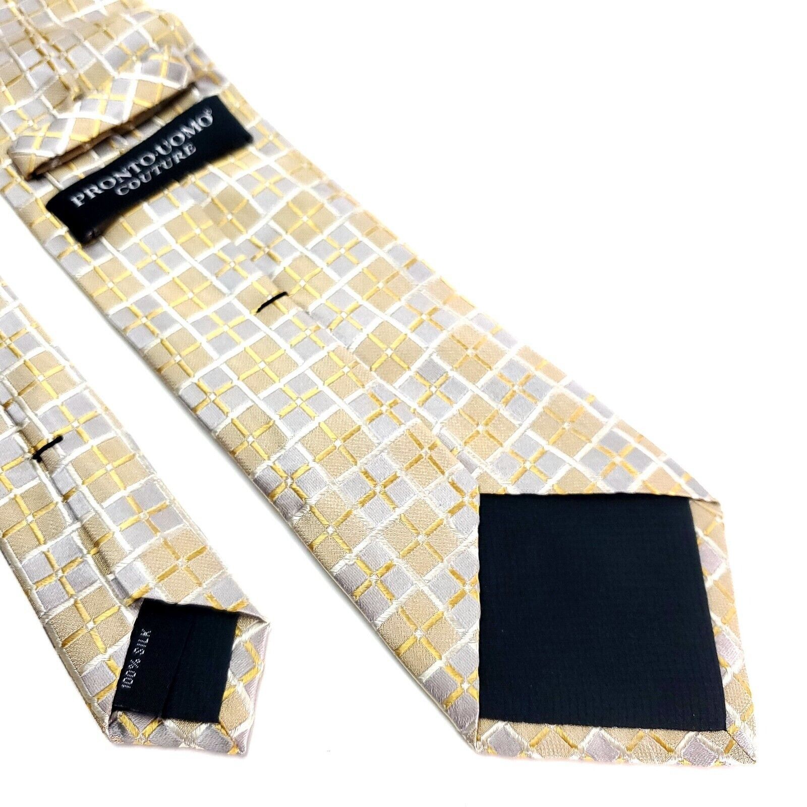 Pronto Uomo Pronto Uomo Couture Silk Tie Woven Yellow Gray Checker Board Size ONE SIZE - 5 Thumbnail