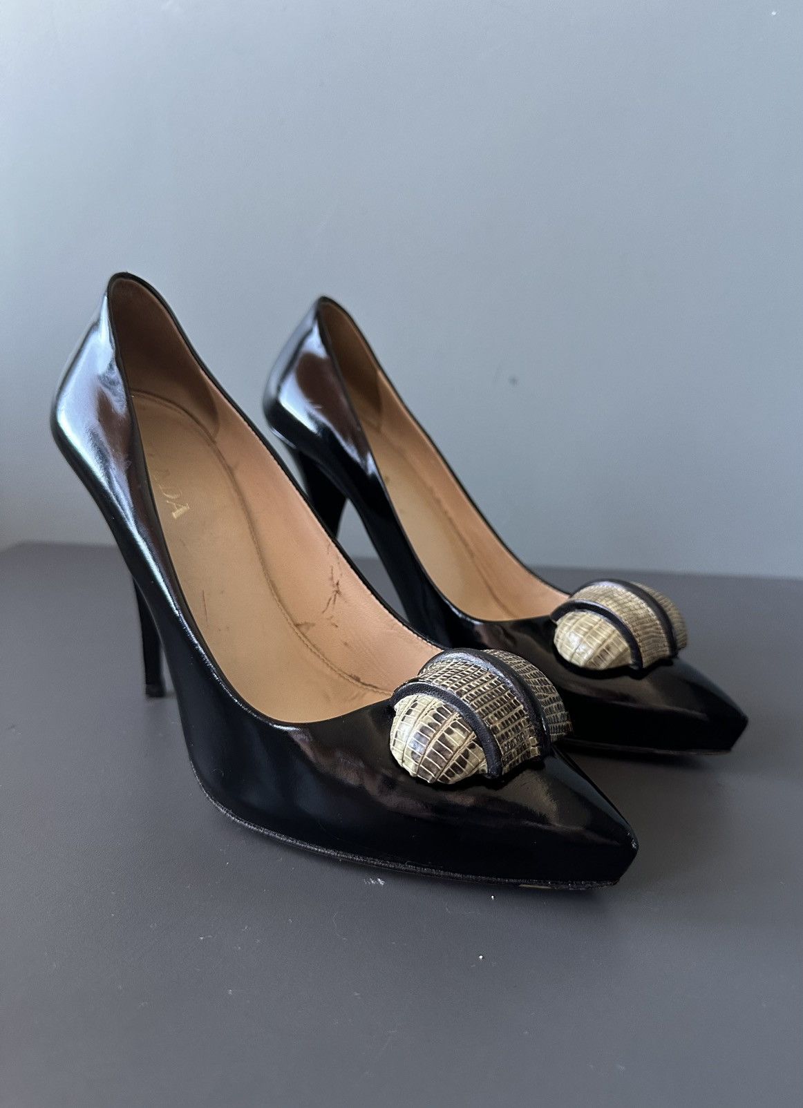 Prada Prada Milano Black Patent Leather Pumps Croc Cap Toe Heels Size US 8 / IT 38 - 1 Thumbnail