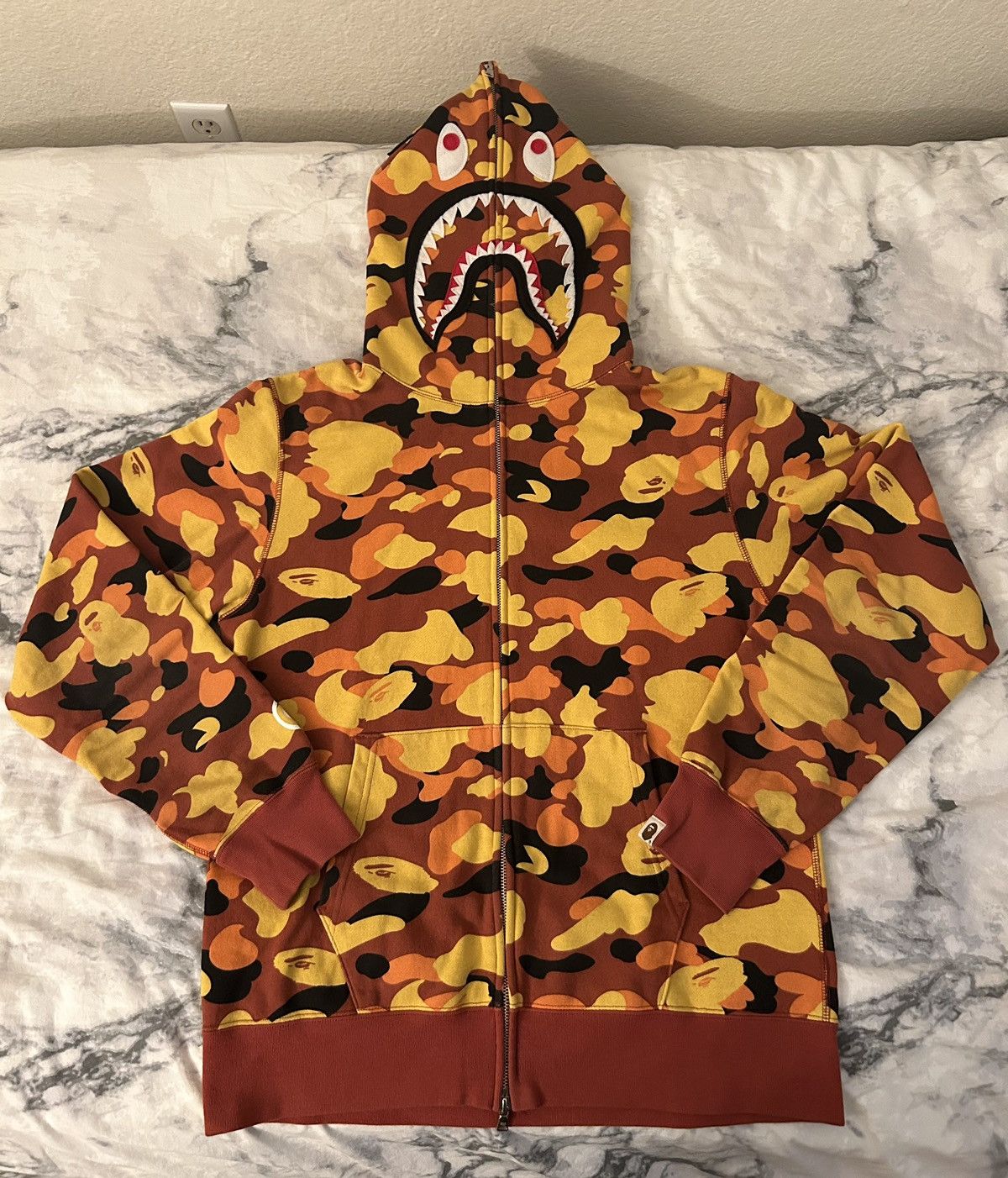 image of 2017 Bape Orange Camo Shark Full Zip Hoodie, Men's (Size XL)