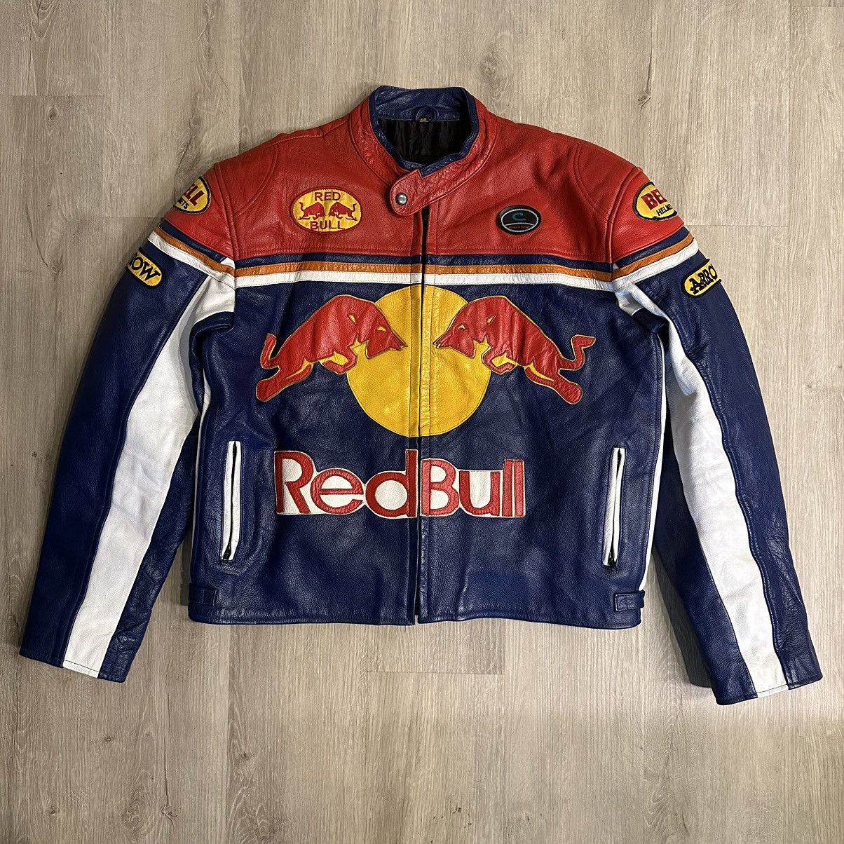 image of Leather Jacket x Red Bull VTG Red Bull Leather Moto Grand Prix Race Jacket in Blue/Red (Size XL)