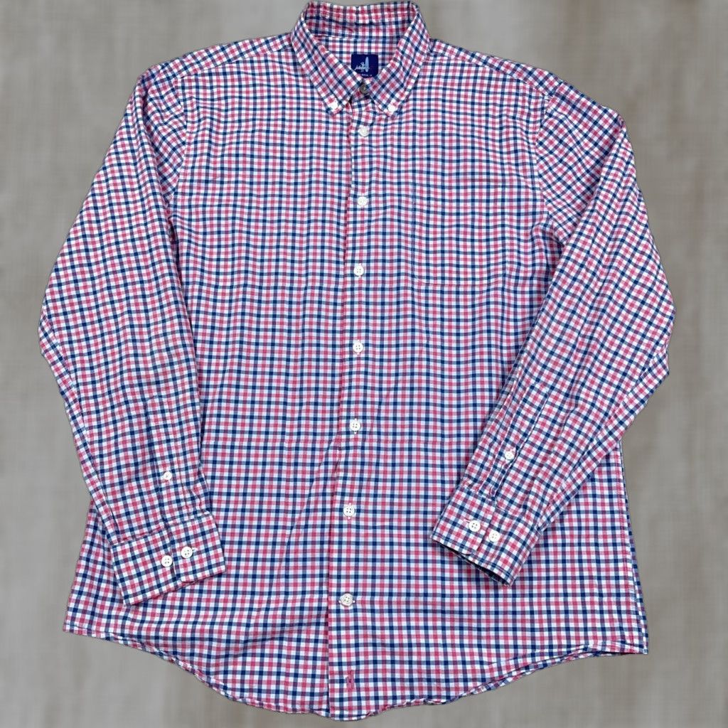 johnnie-O johnnie-O Shirt Men Large Red Blue Plaid Button Up Dress Pocket 100% Cotton Size 42R - 1 Thumbnail