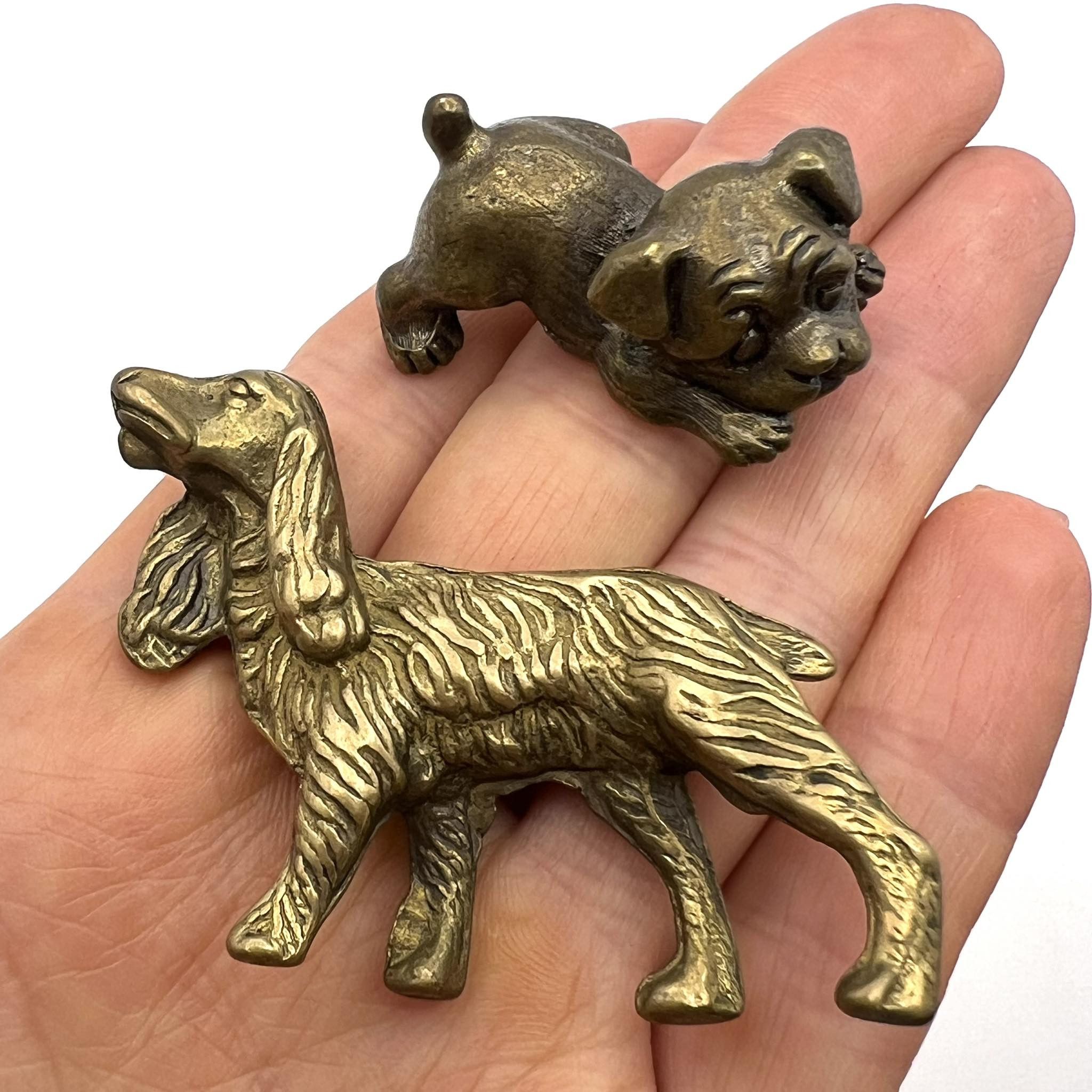 Two Miniature Vintage Bronze Brass Dogs Statue Figure Signed