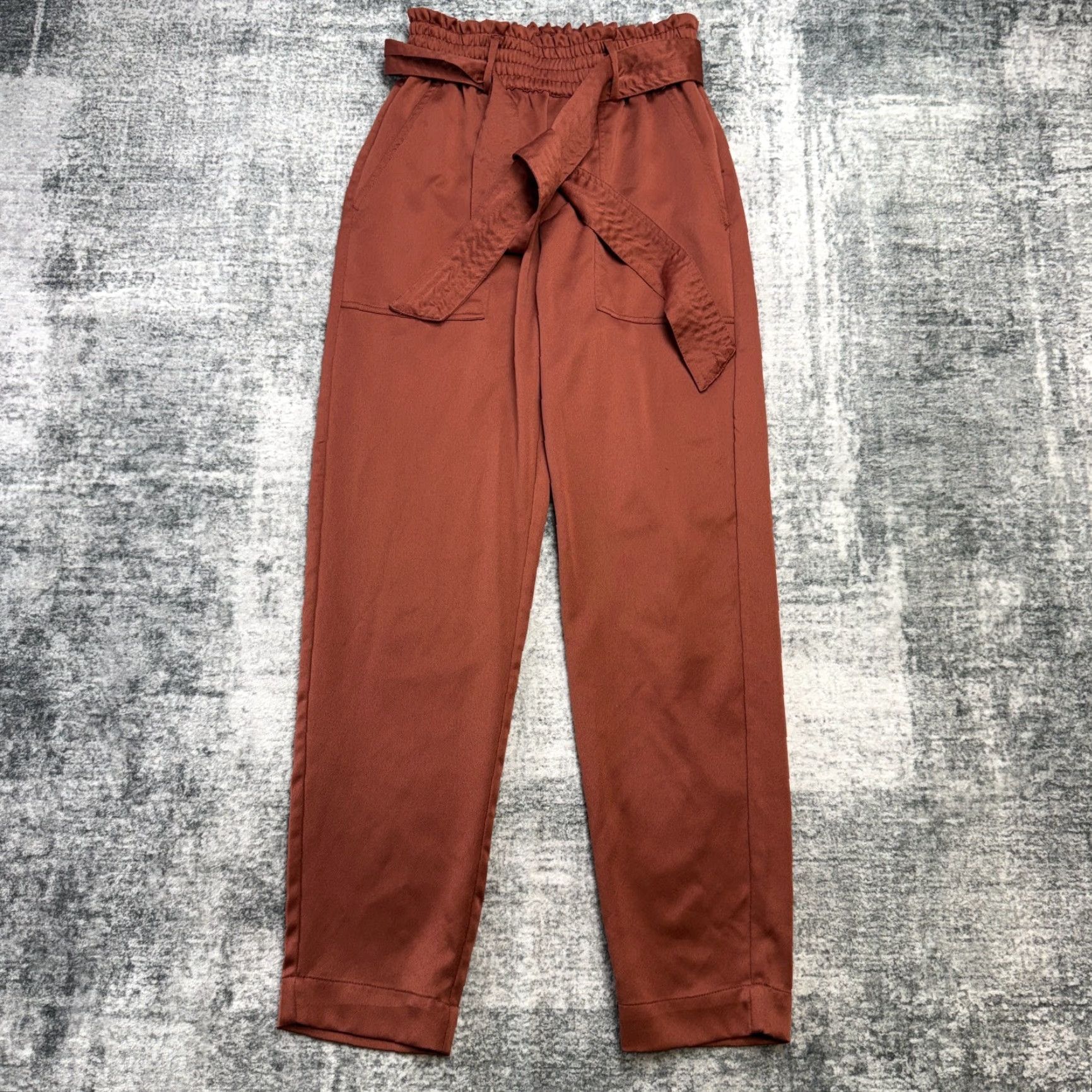 Abercrombie & Fitch Abercrombie & Fitch Pants Womens XS Rust Satin Paperbag High Waist Taper Tie Front Pockets Belted Elastic Size 26" / US 2 / IT 38 - 2 Thumbnail