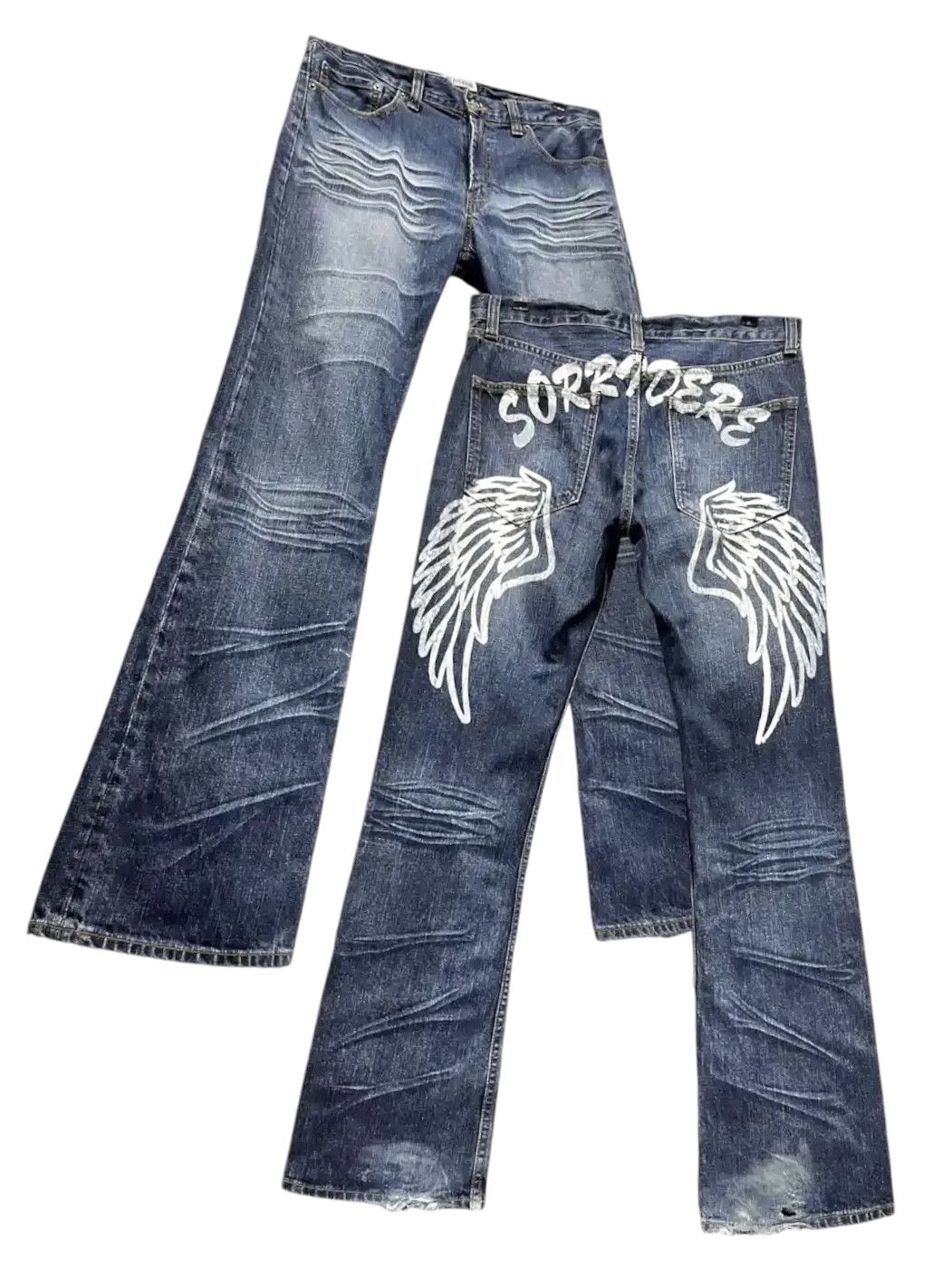 Japanese Brand × Vintage 🔥VERYRARE🔥SORRIDERE Punk Angel Wings Printed Flare Denim💥 Size 32" / US 10 / IT 46 - 1 Thumbnail