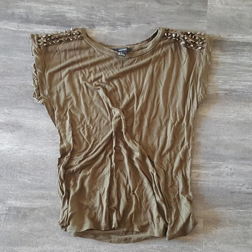 Forever 21 Olive Stud Detailed F21 Short Sleeve Size S / US 4 / IT 40 - 1 Thumbnail