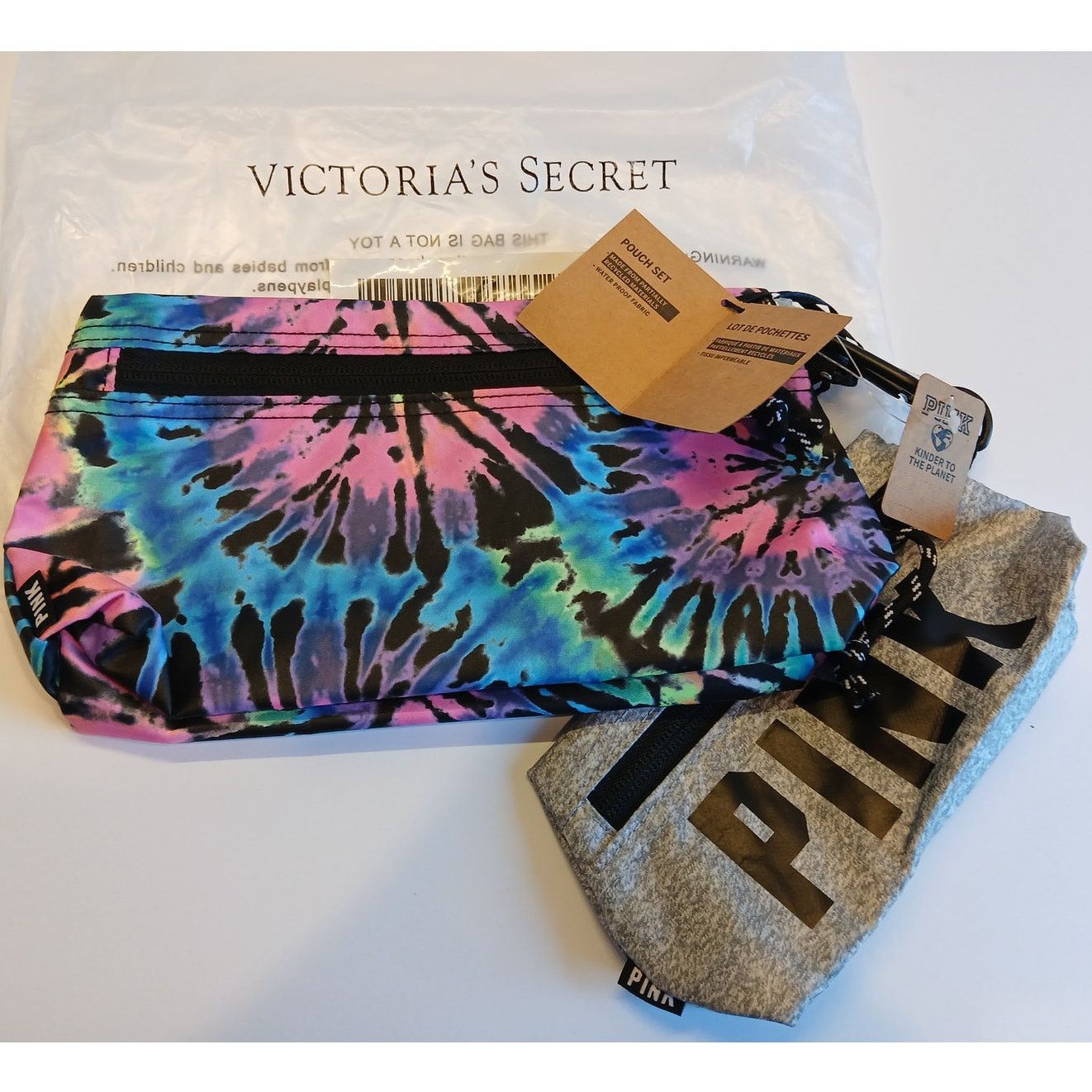 Pink Victoria's Secret PINK Multi Tye Dye & Grey Pouch Set - NWT Size ONE SIZE - 2 Thumbnail