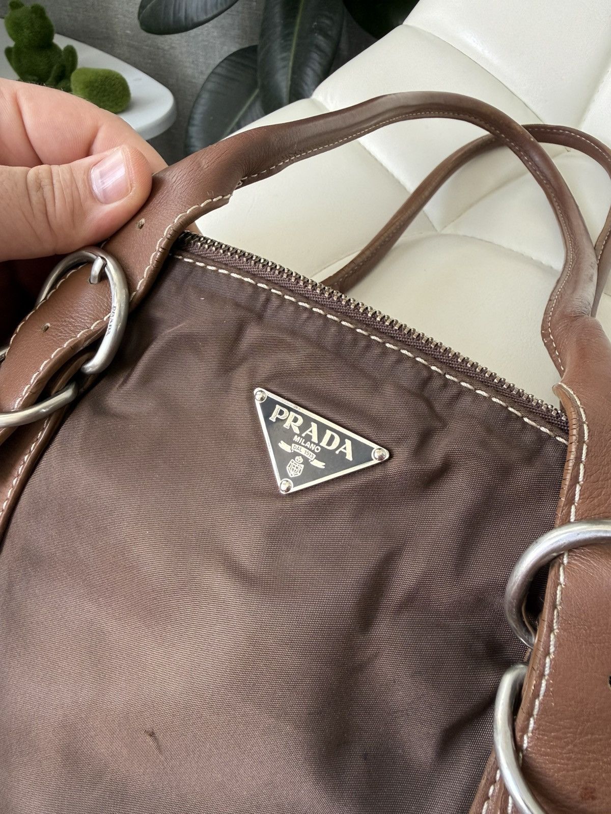 Prada Vintage 00s Prada Triangle Logo Nylon & Leather Brown Bag Size ONE SIZE - 10 Thumbnail