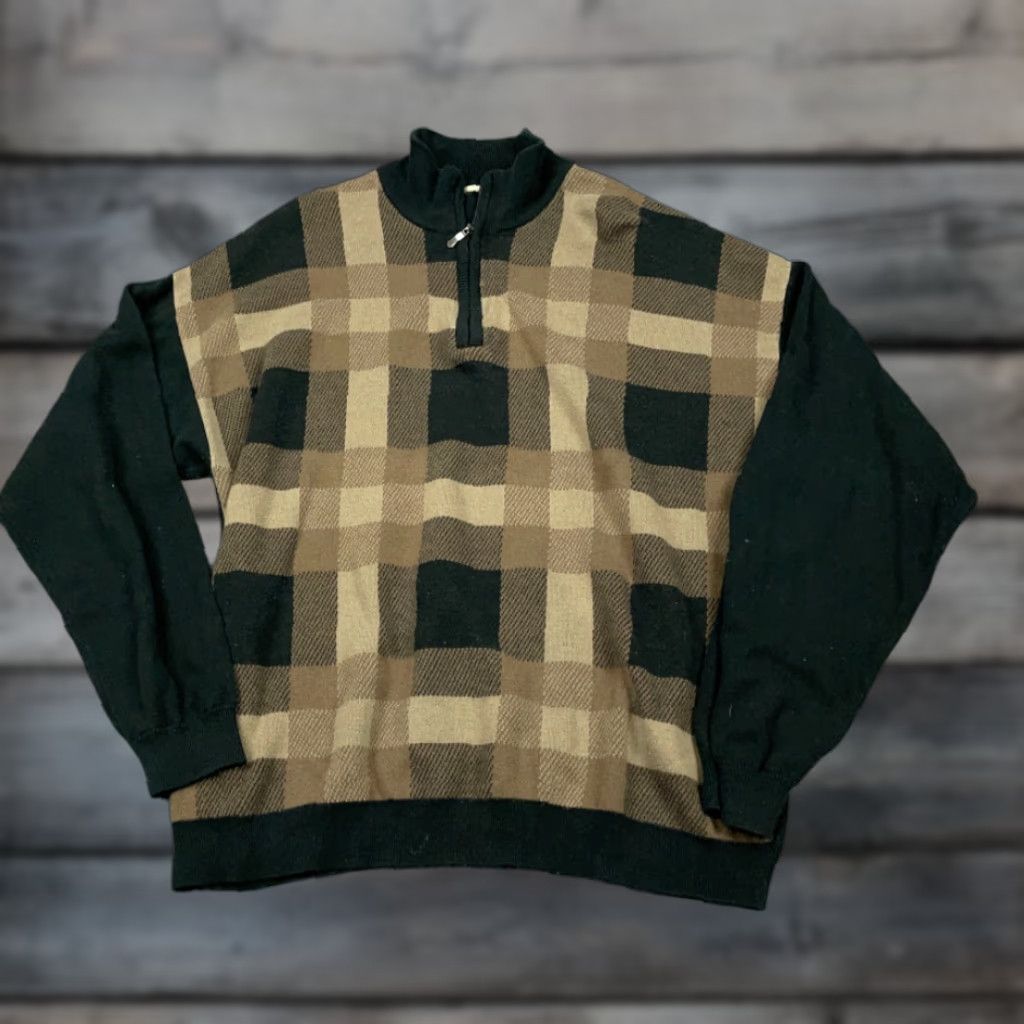 Vintage VINTAGE Black Brown Grid Check 1/4 Zip High Neck Sweater Men XL Knitted Heavyweight Regular Pullover Casual 90s Preppy Classic Size US XL / EU 56 / 4 - 1 Thumbnail