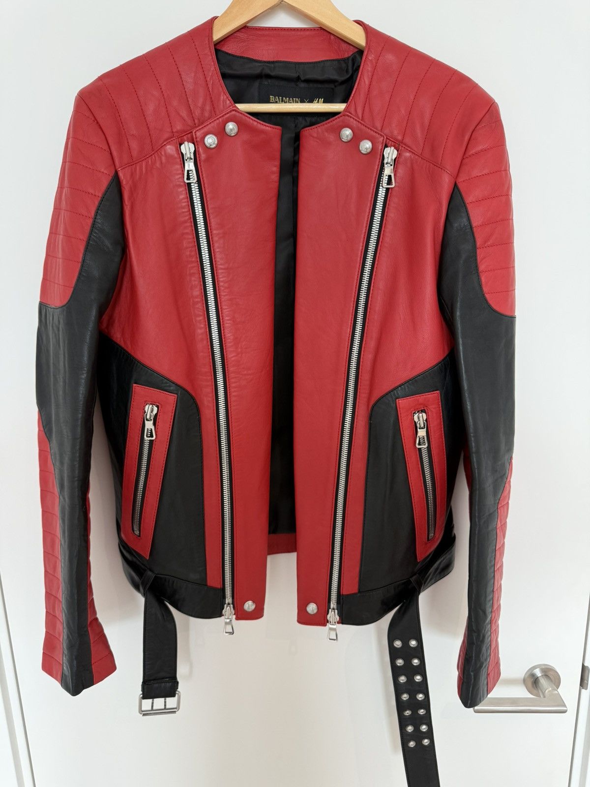 BALMAIN H&M RED LEATHER JACKET