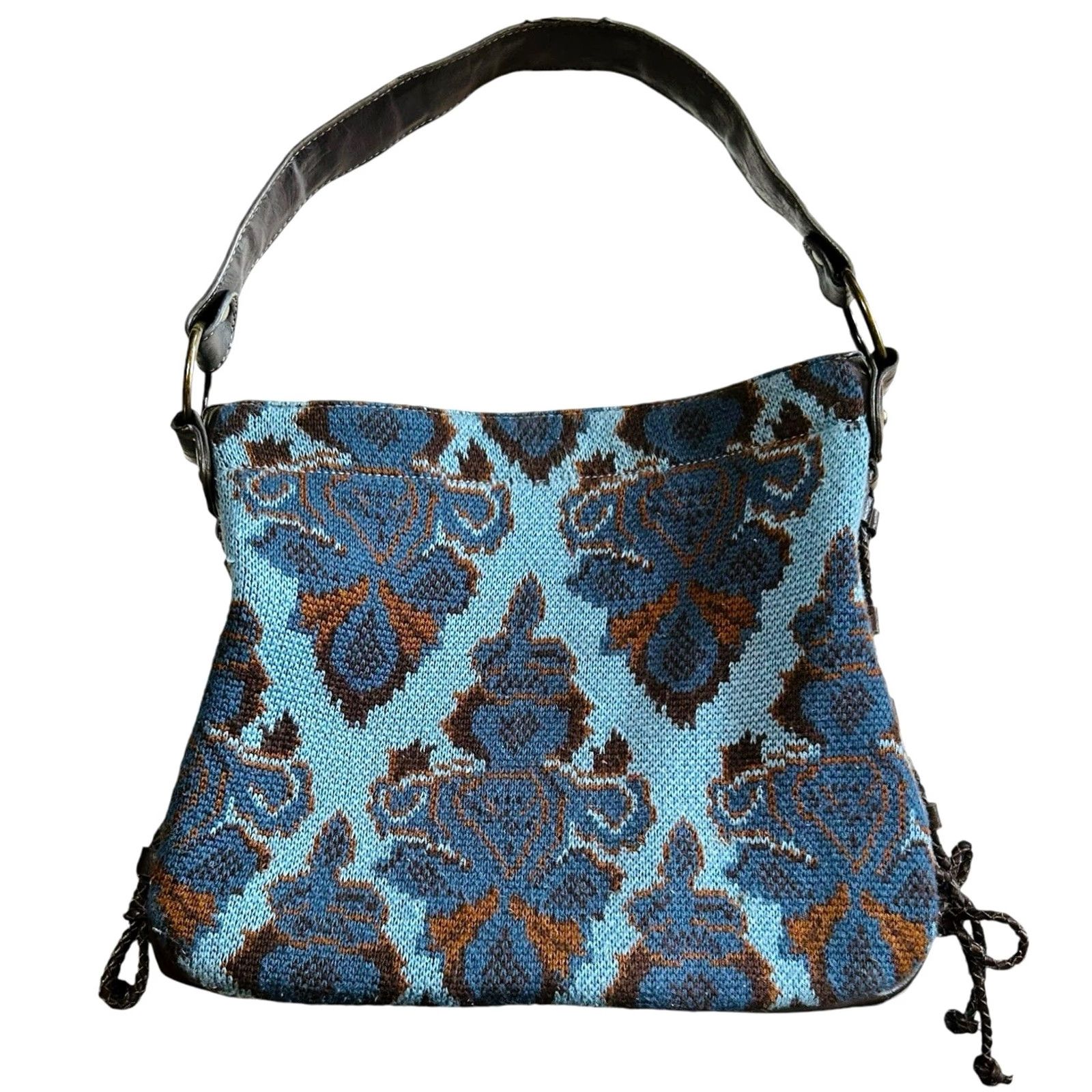 Vintage Stamp 10 Women Fabric &Faux Leather Purse Shoulder Handbag Blue &Brown Bohemian Bag Shoulder Brown &Blue Paisley 11x13in 10in Strap Women’s Handbag Size ONE SIZE - 2 Thumbnail