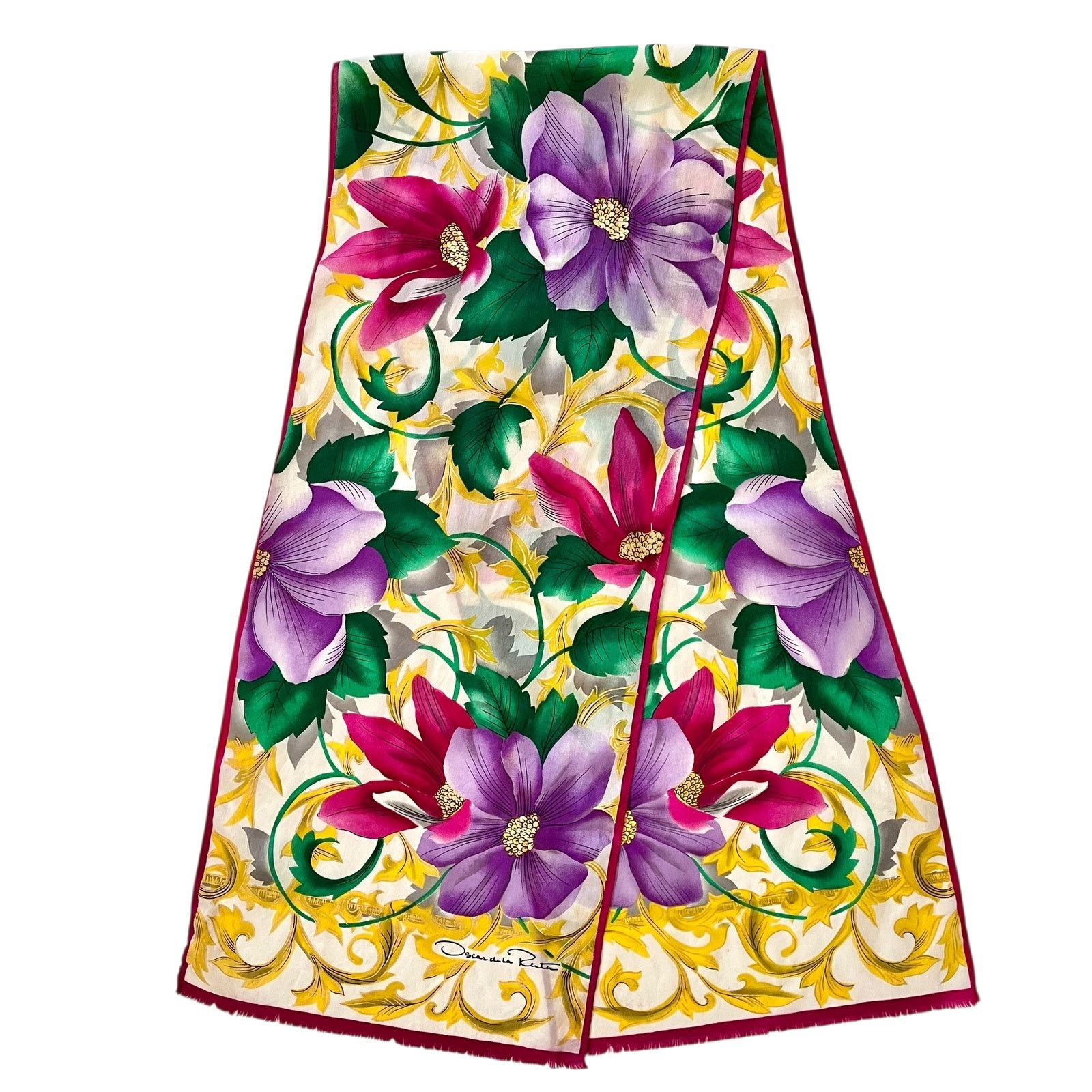 Oscar De La Renta × Vintage Oscar de la Renta Floral Gold Crepe de Chine Silk Scarf Size ONE SIZE - 2 Thumbnail