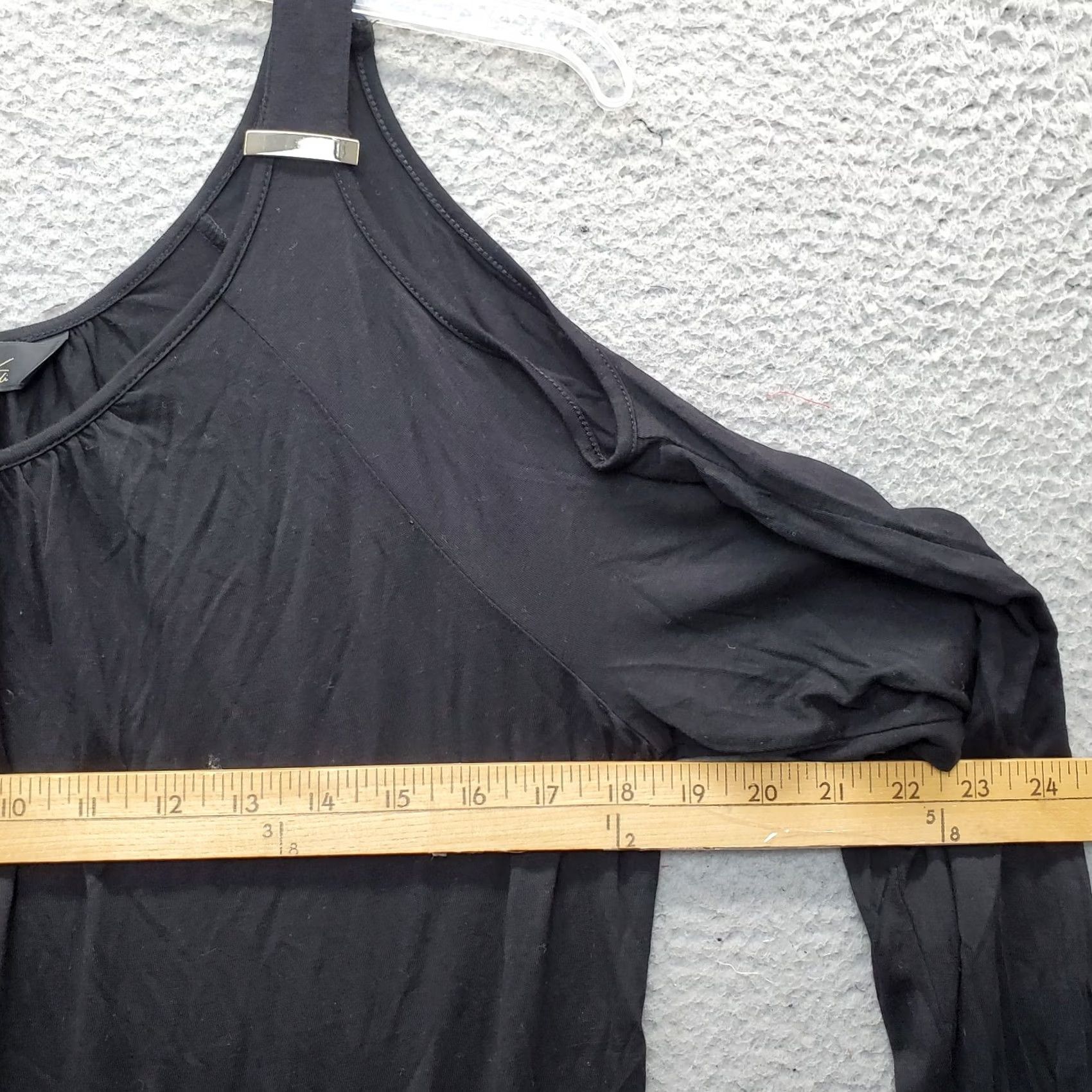 Vintage Thalia Sodi Blouse Top Womens M Black Rayon Stretch Cold Shoulder Sleeve - Shirt Woman Size M Black, Narrow Collarless Pullover Casual Long Sleeve Size M / US 6-8 / IT 42-44 - 6 Thumbnail