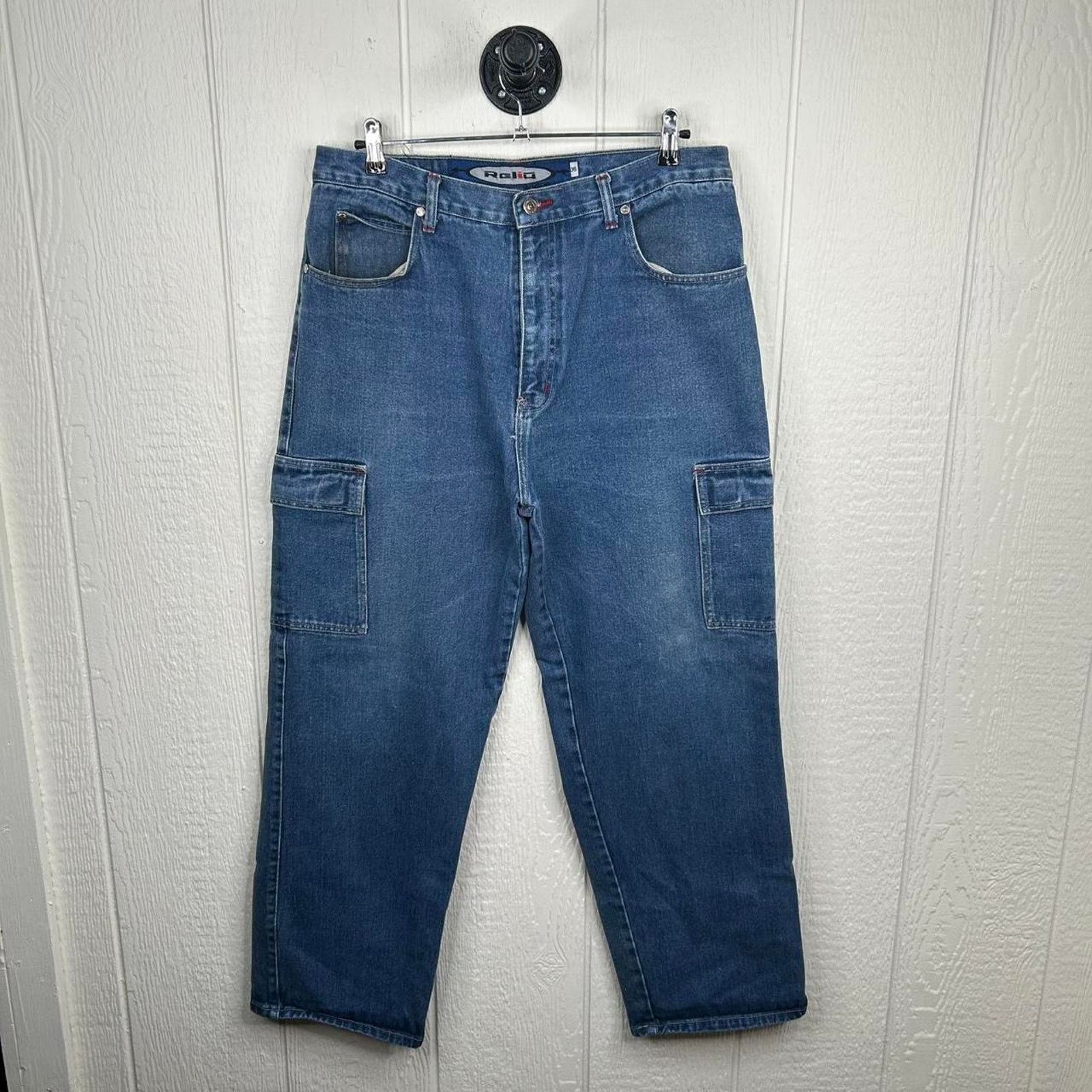 Other Vintage 90s Reliq Denim Heavy Weight Cargo Baggy Jeans 36x30 Size US 36 / EU 52 - 3 Thumbnail