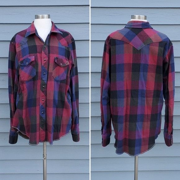 Vintage × Wrangler Vintage 80s Wrangler Pearl Snap Brushpopper Maroon Blue Purp Size US XL / EU 56 / 4 - 1 Thumbnail