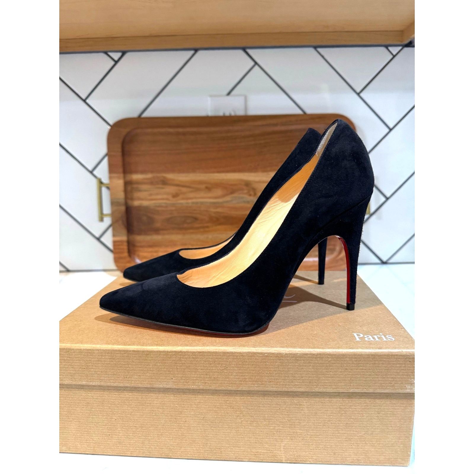 Christian Louboutin Christian Louboutin Alminette black suede 100MM pump Size US 7.5 / IT 37.5 - 4 Thumbnail