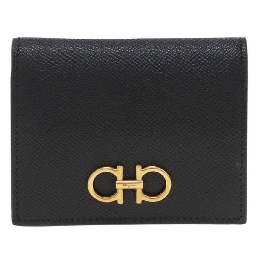 Gold Double Gancini Compact Wallet in Black, Women's