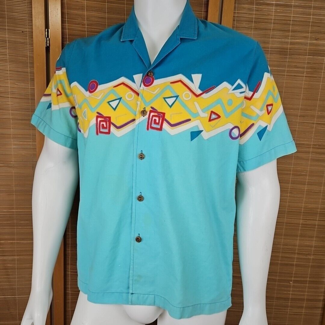 Vtg Hobie Sailing Shirt Mens L Teal Blue Colorblock Hawaiian