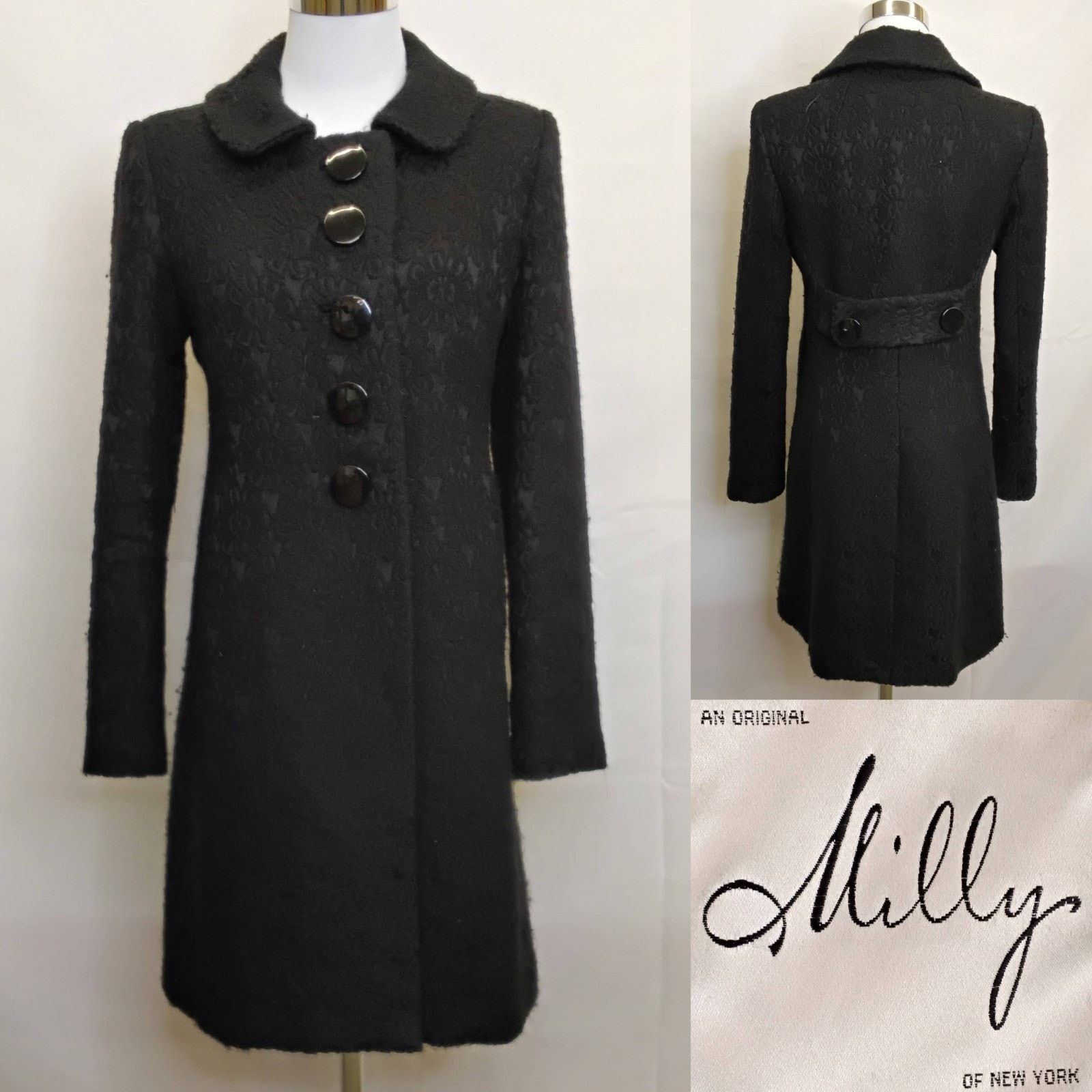 MILLY Milly of New York Wool Pea Coat Women's 4 Black Flowers Size S / US 4 / IT 40 - 1 Thumbnail