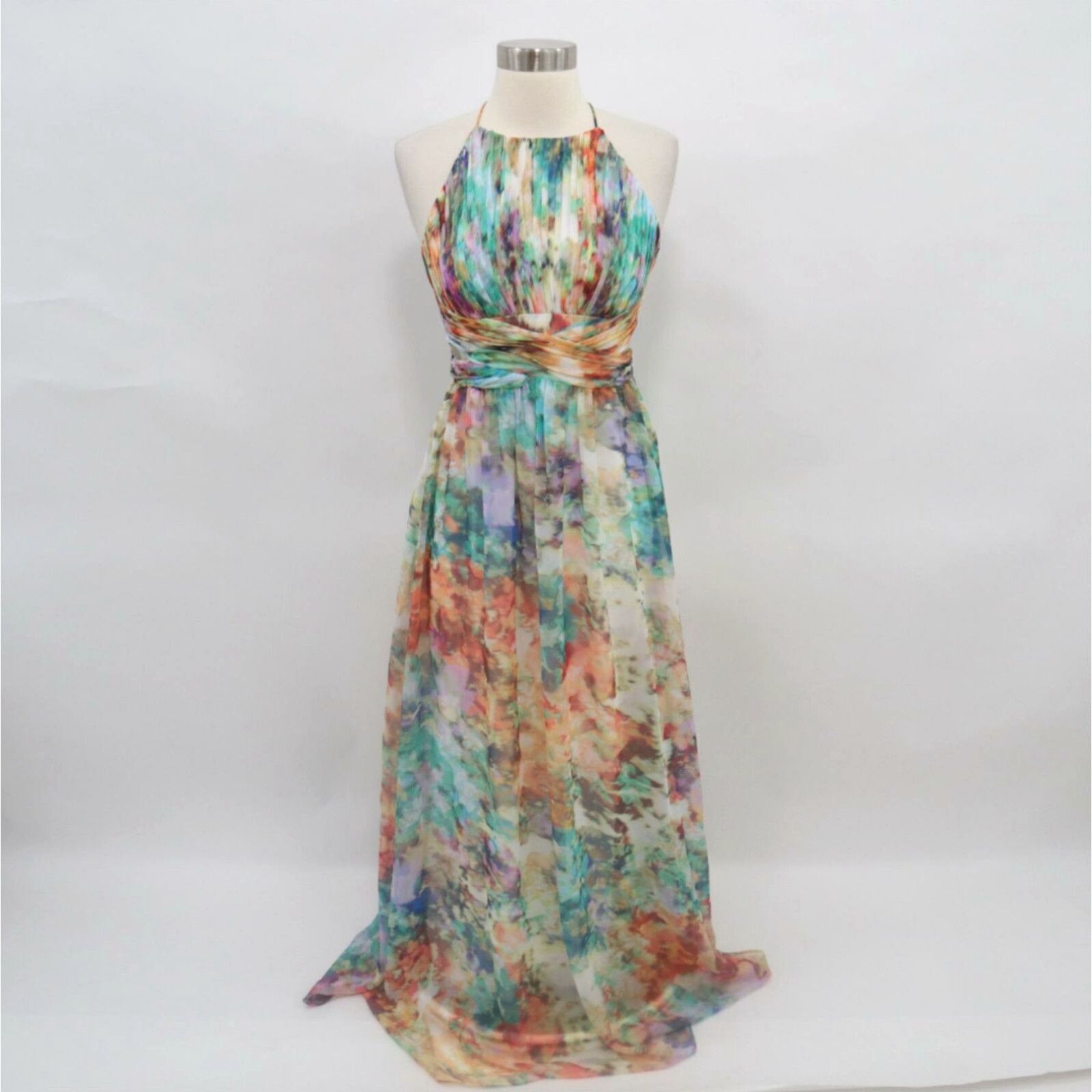 Image of Vintage Aiden Mattox Maxi Dress Gown Womens 2 Watercolor Blue Green Pink Orange in White (Size XS)