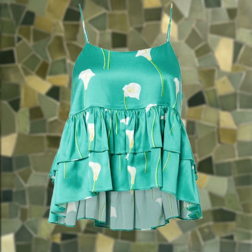 CAROLINE CONSTAS Caroline Constas Nadine Tank Top Teal Green Floral Silk Medium Bohemian Womens Tank Top Size M / US 6-8 / IT 42-44 - 1 Thumbnail