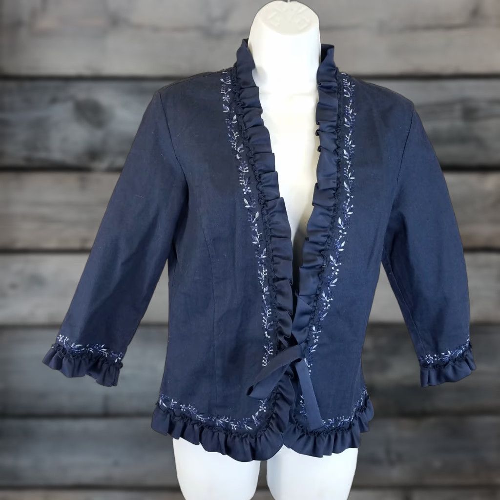 Vintage Vents D'Ailleurs Blazer Womens Jacket Floral Linen Blend Blue Size 4 Size S / US 4 / IT 40 - 1 Thumbnail