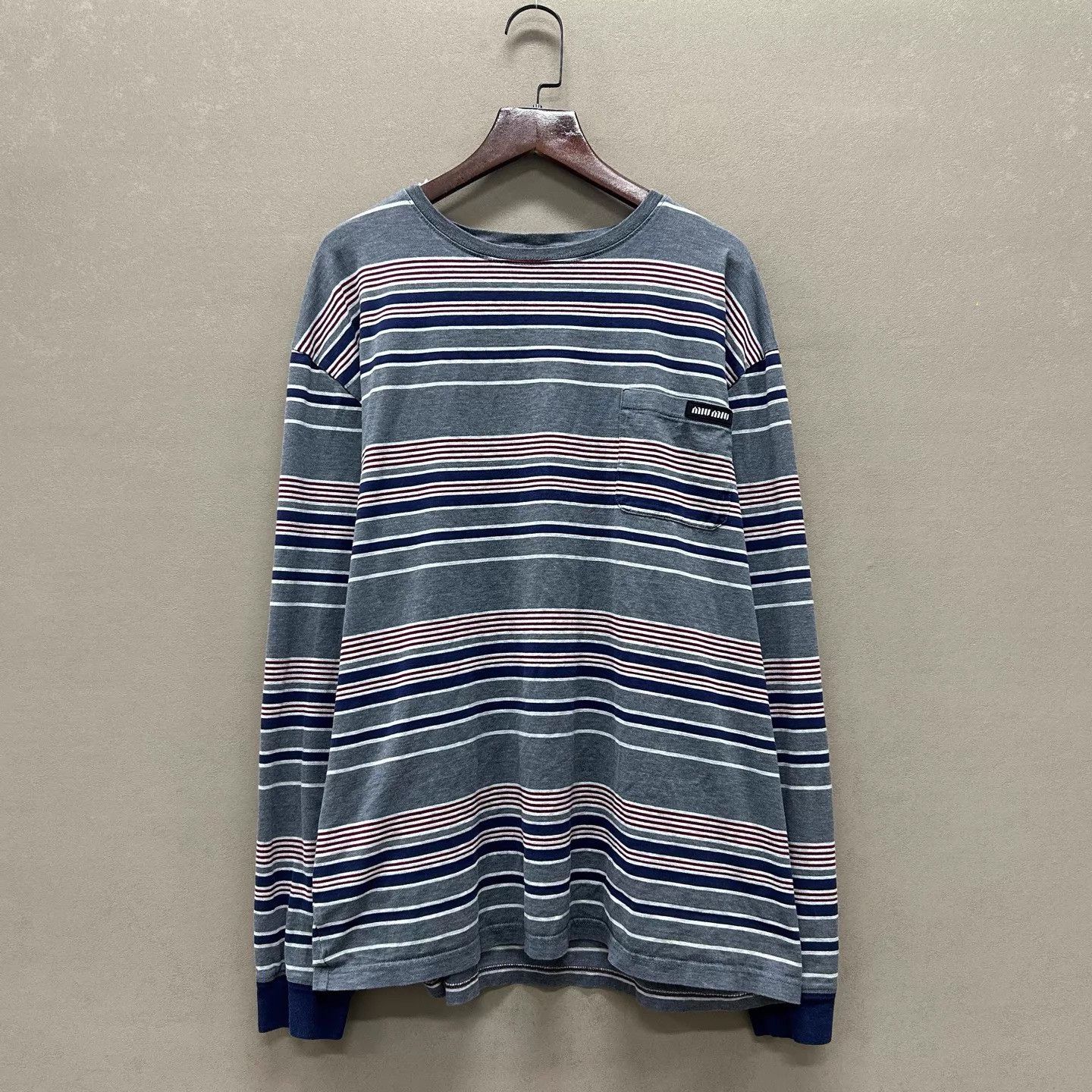 Miu Miu MIU MIU GrayBlue Colorblock Logo Striped Pocket LS Tee S Size US S / EU 44-46 / 1 - 1 Thumbnail