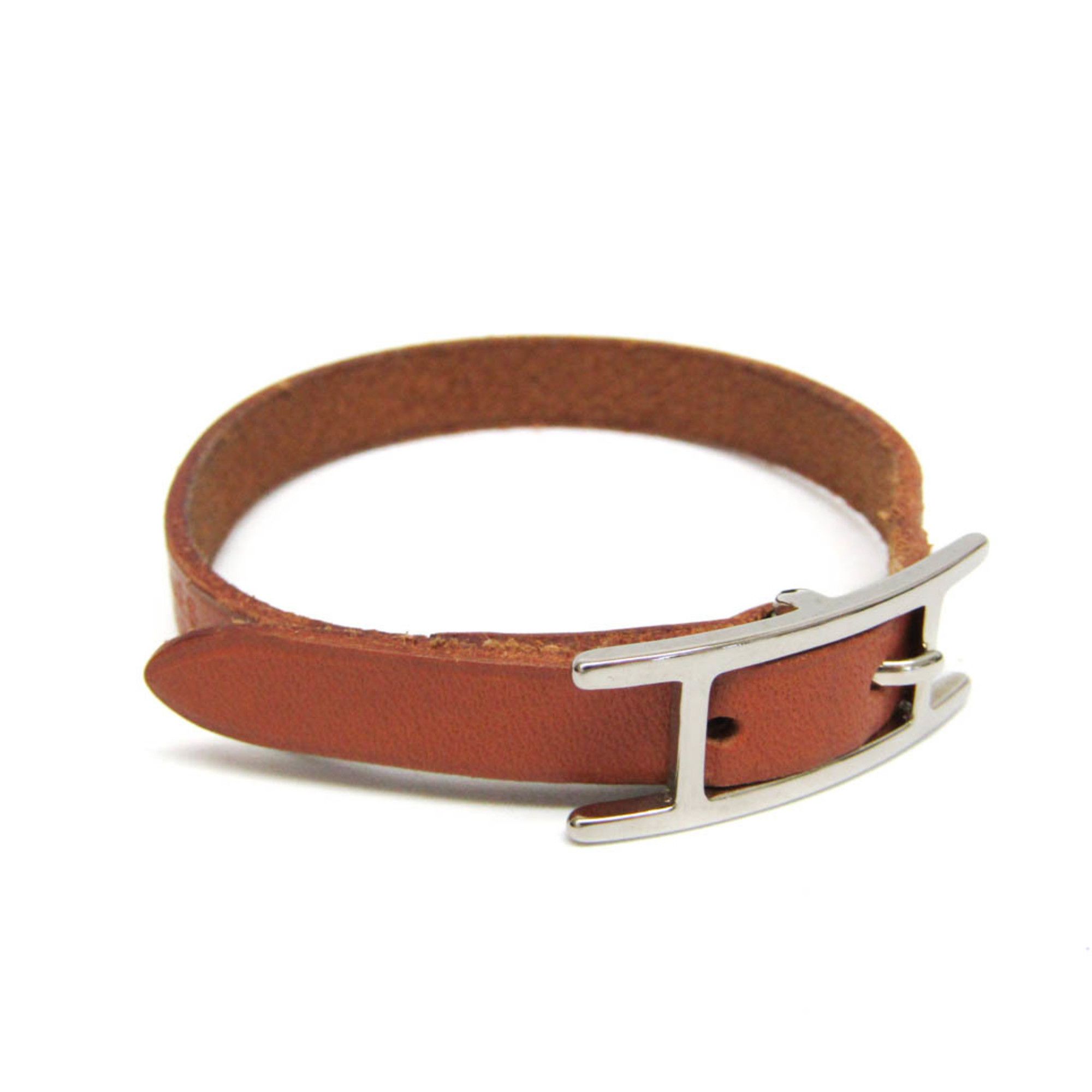 image of Hermes Hapi Leather,metal Bangle Brown,silver, Women's