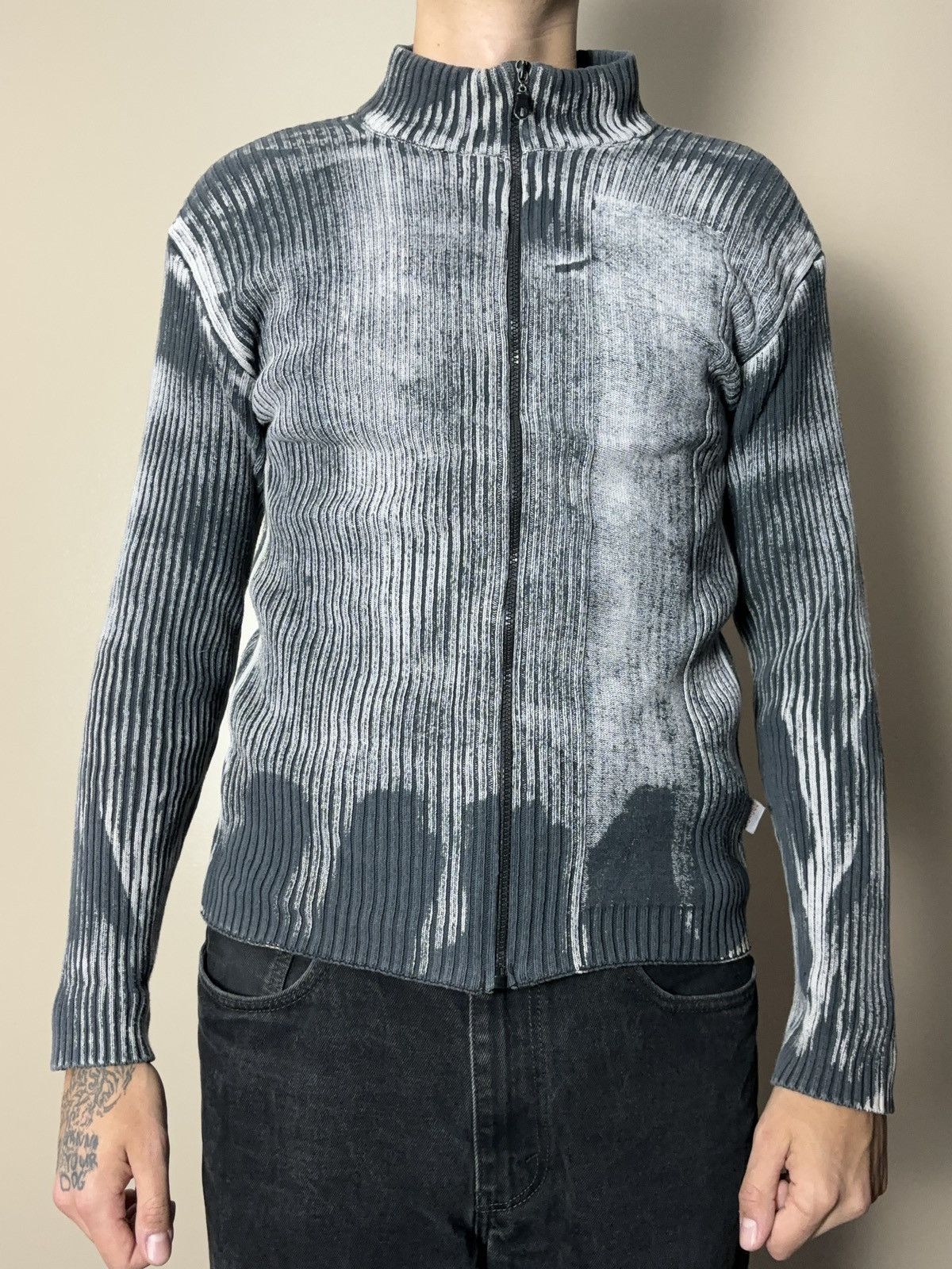 Avant Garde Zip Up Vintage Washed Knit Sweater Pullover