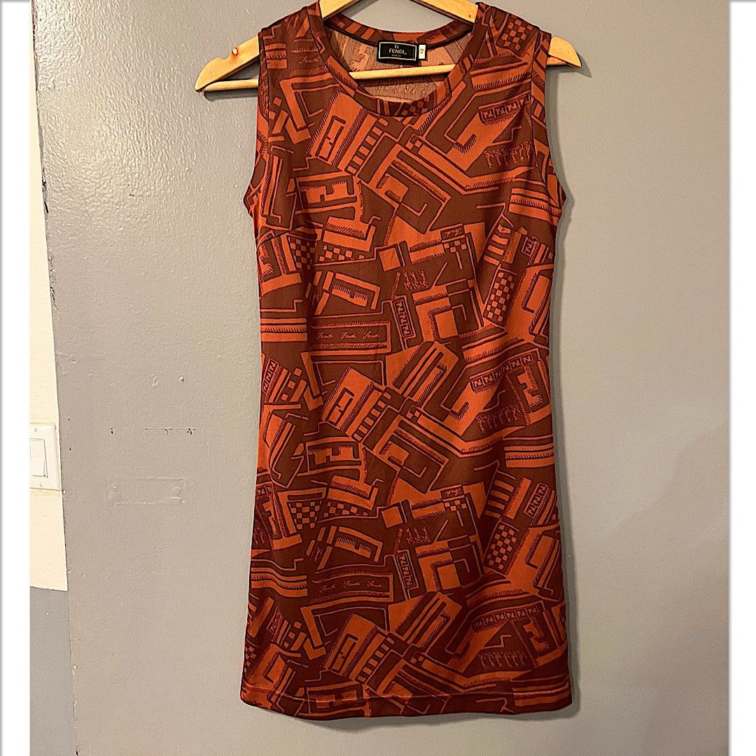 image of Authentic Vintage Fendi Sleeveless Zucca Logo Dress in Orange, Women's (Size Small)