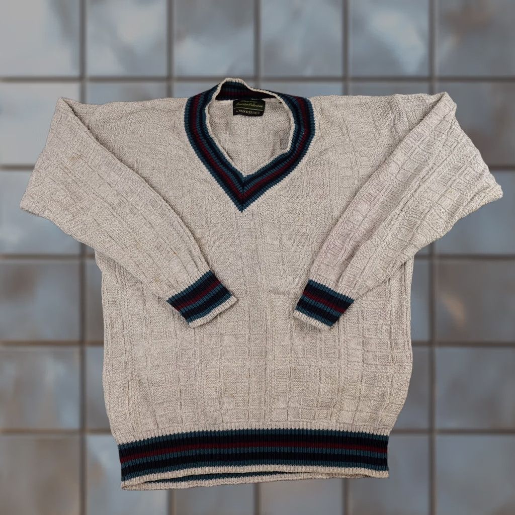 Van Heusen VINTAGE Van Heusen Sweater Mens XL Gray V-Neck Cable Knit Striped 90s Hipster Retro Size US XL / EU 56 / 4 - 1 Thumbnail