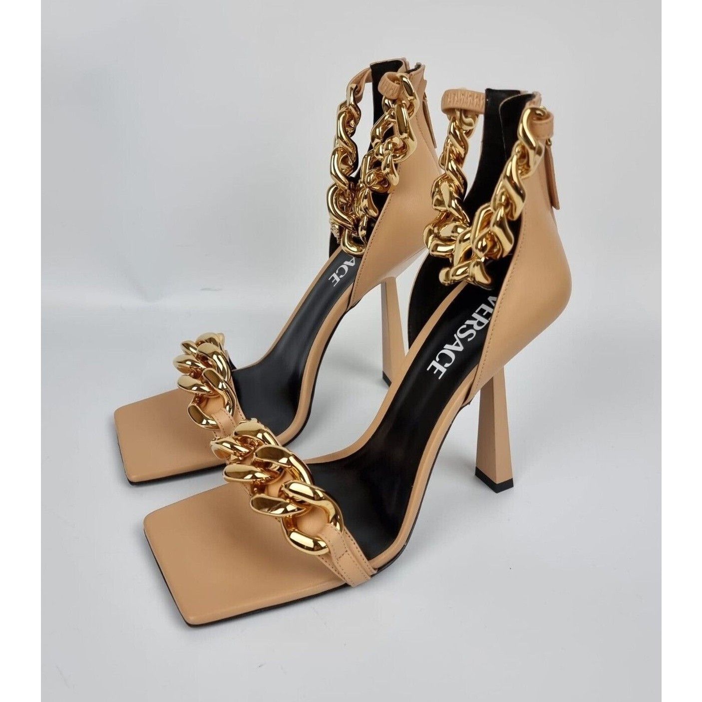 VERSACE 110mm Beige Gold Chain Strap Sandals New Size 38.5 U