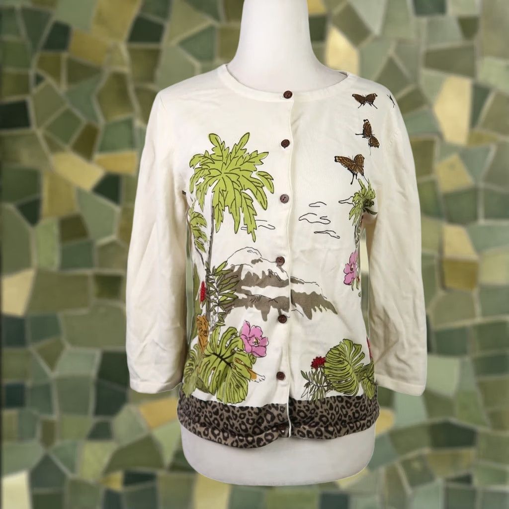 Vintage Christopher & Banks Sweater Womens S Cream and green nature theme knit cardigan Size S / US 4 / IT 40 - 1 Thumbnail